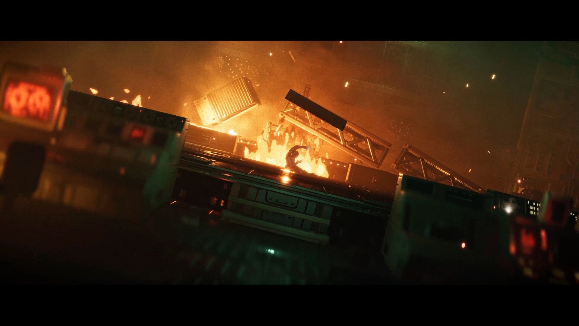 REPLACED: Lone figure runs past blazing wreckage and falling cargo containers in a smoky industrial yard.