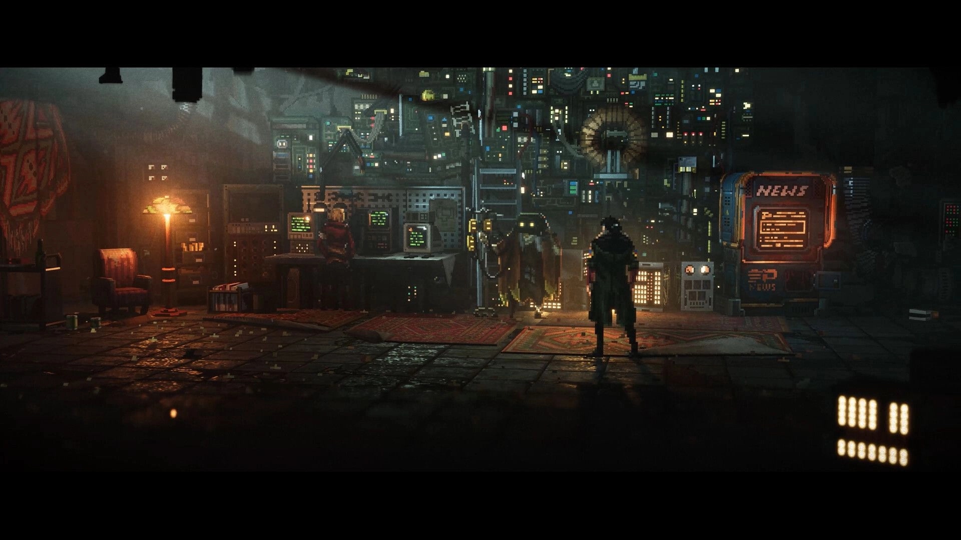 REPLACED: Player character faces a wall of glowing terminals and a menu kiosk in a neon lab room.