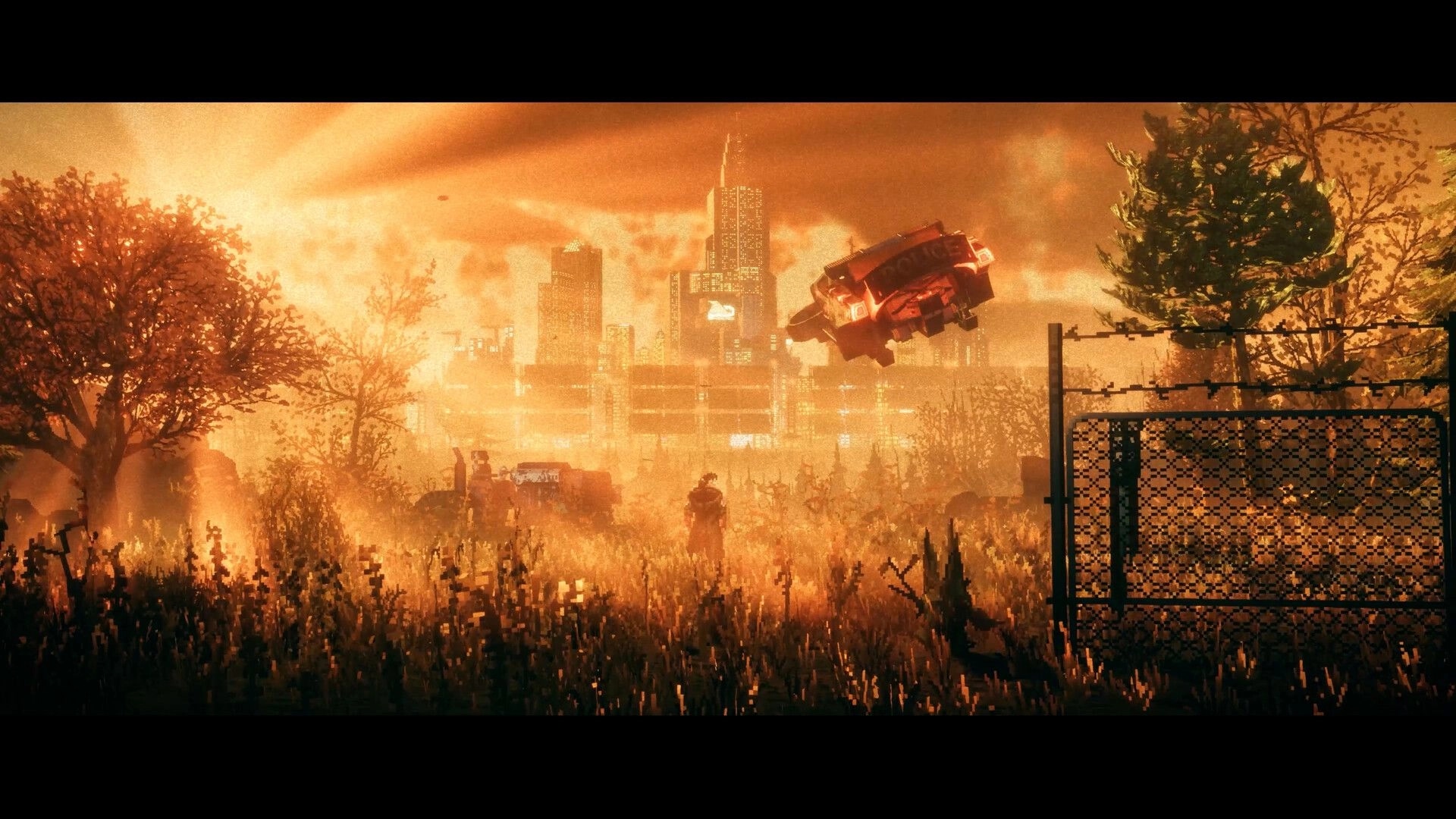 REPLACED: Lone figure in tall grass watching a hovering car near a fenced, ruined city skyline at dusk.