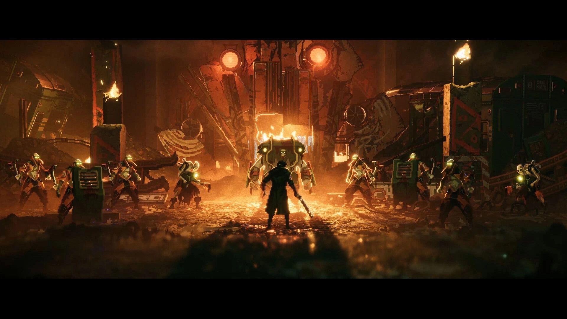 REPLACED: Lone fighter faces armed cyborg squad and giant mech in fiery scrapyard arena at night.