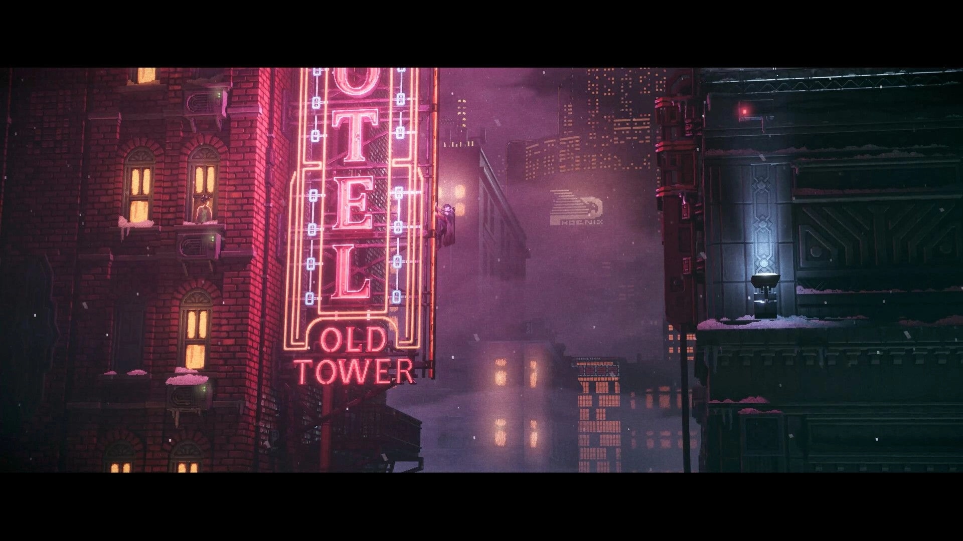 REPLACED: Neon “Hotel Old Tower” sign glowing beside apartments in a snowy, foggy cyberpunk cityscape.
