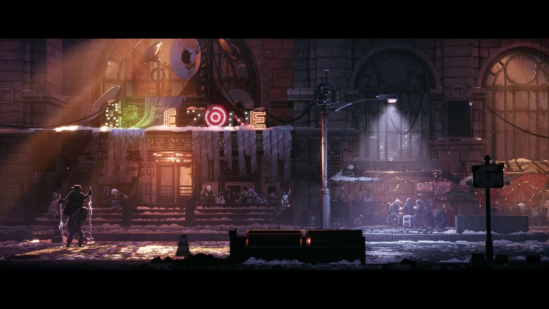 REPLACED: Lone figure stands by an electric barrier outside a snowy neon-lit station plaza at night.
