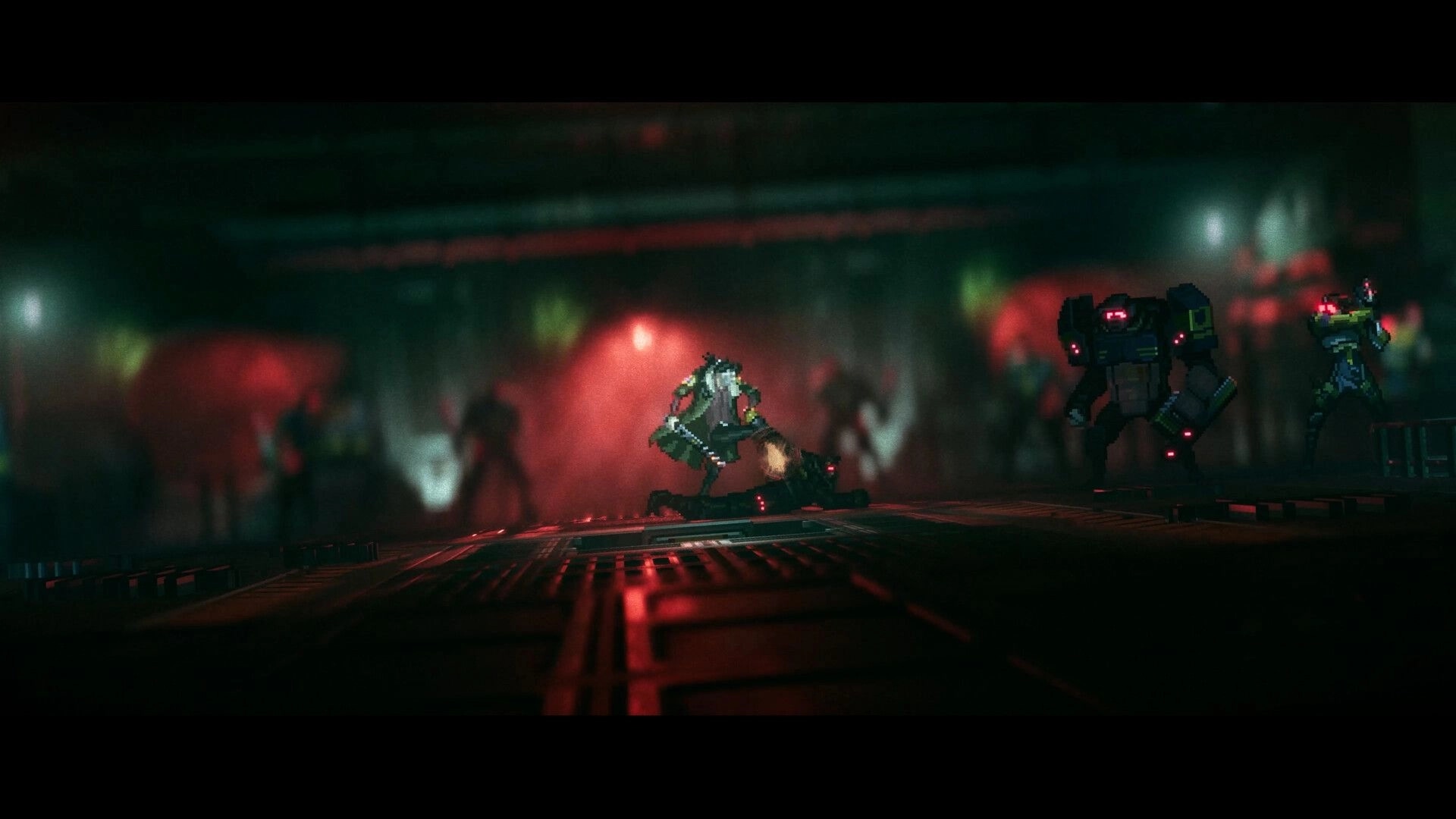 REPLACED: Armored fighter kneels on metal floor as two armed drones approach in red-lit corridor.