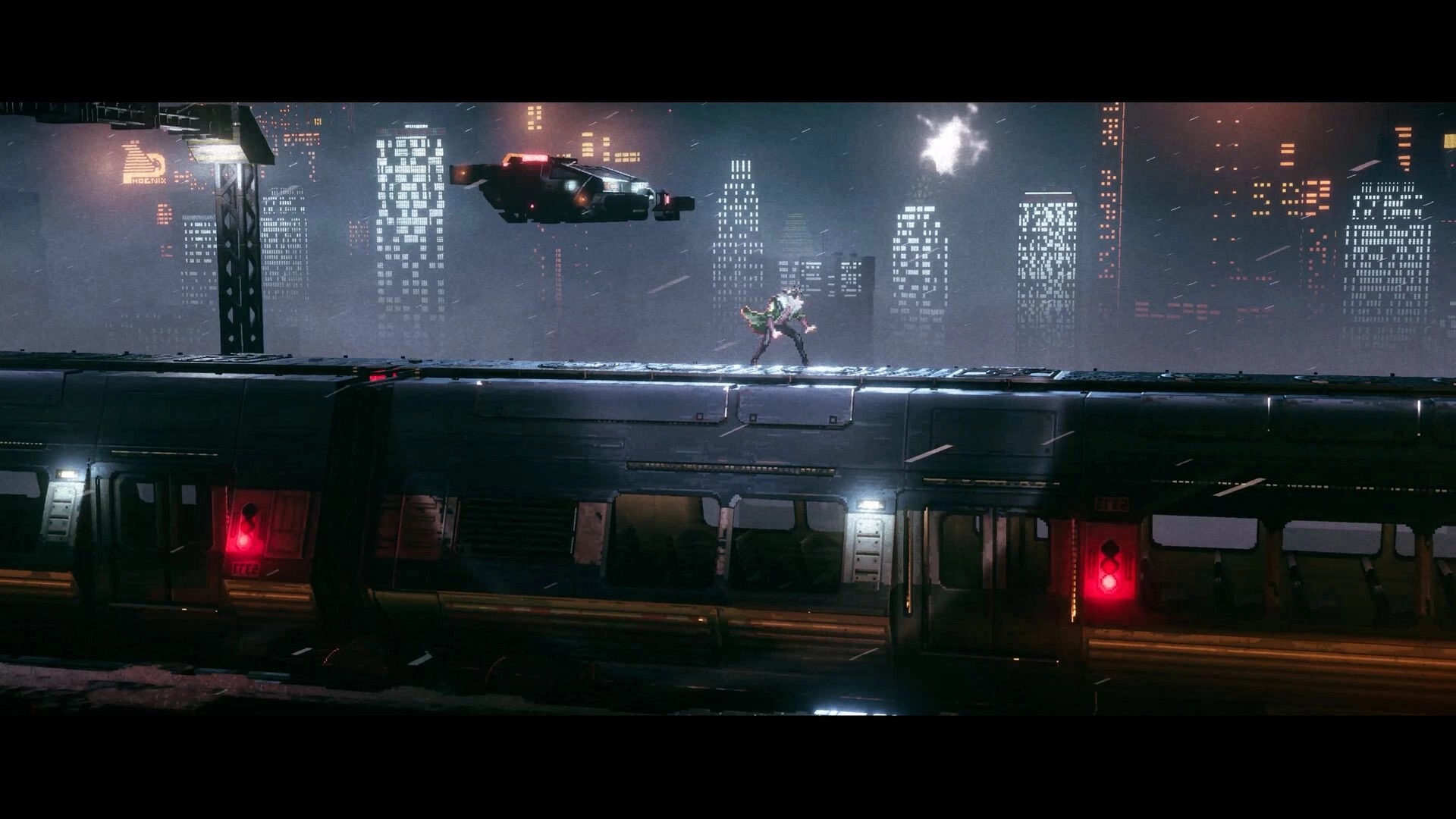 REPLACED: Player character stands on a moving train roof as a drone hovers over neon skyline.