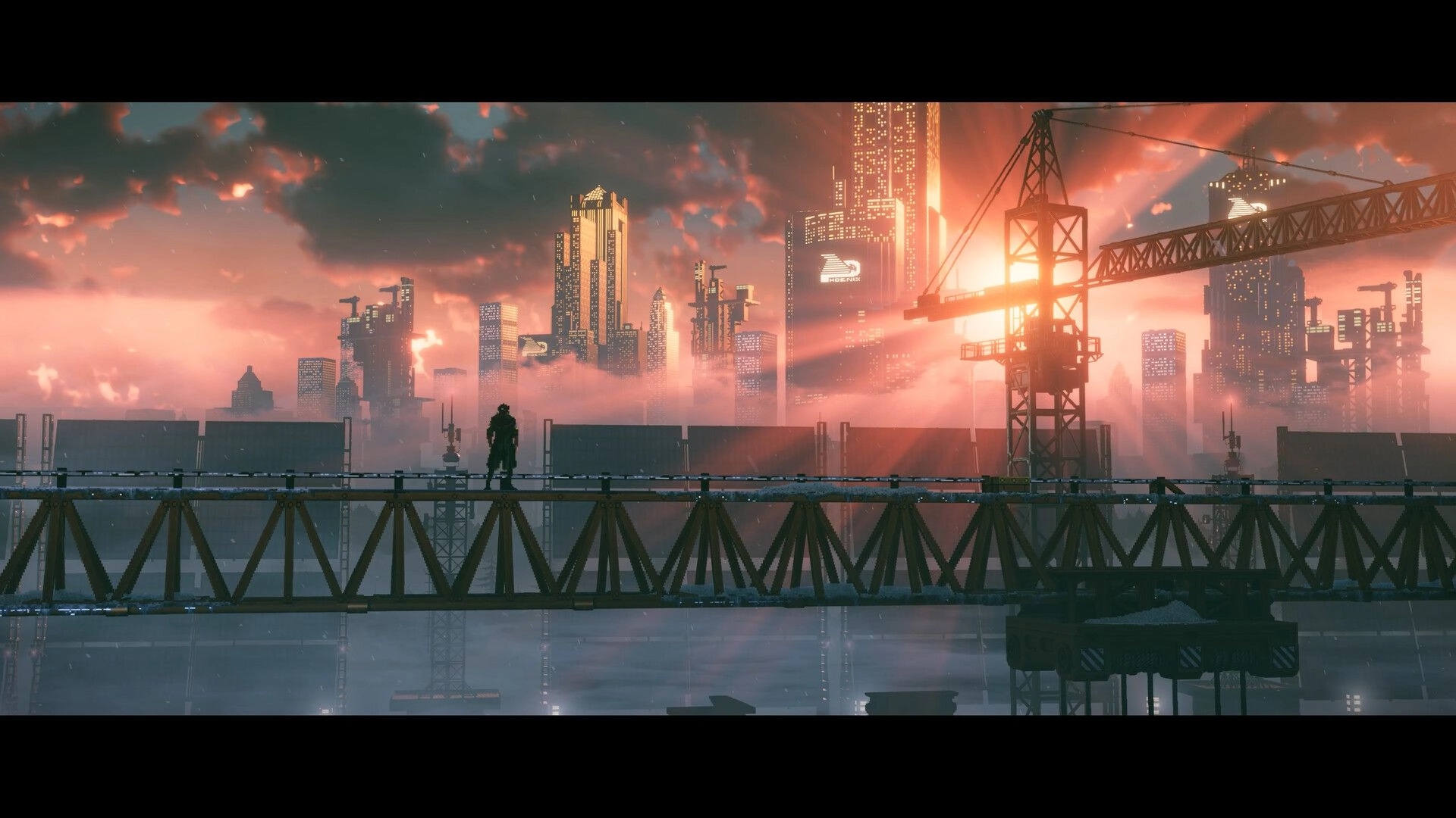REPLACED: Lone character stands on a steel bridge at sunset, facing a neon-lit city skyline and crane.