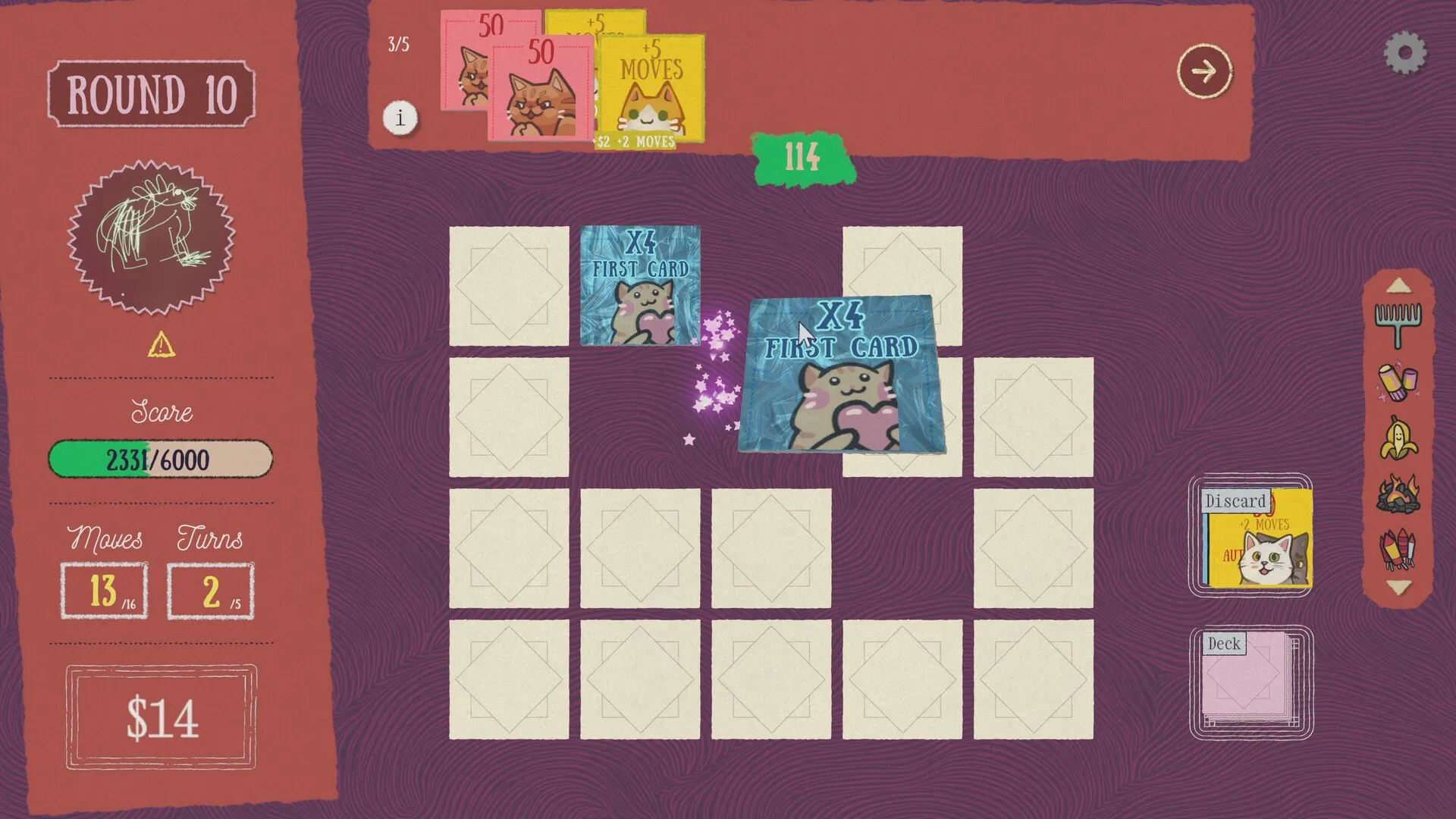 Replicat: Round 10 card matching with cats, score and moves displayed on a grid-based board