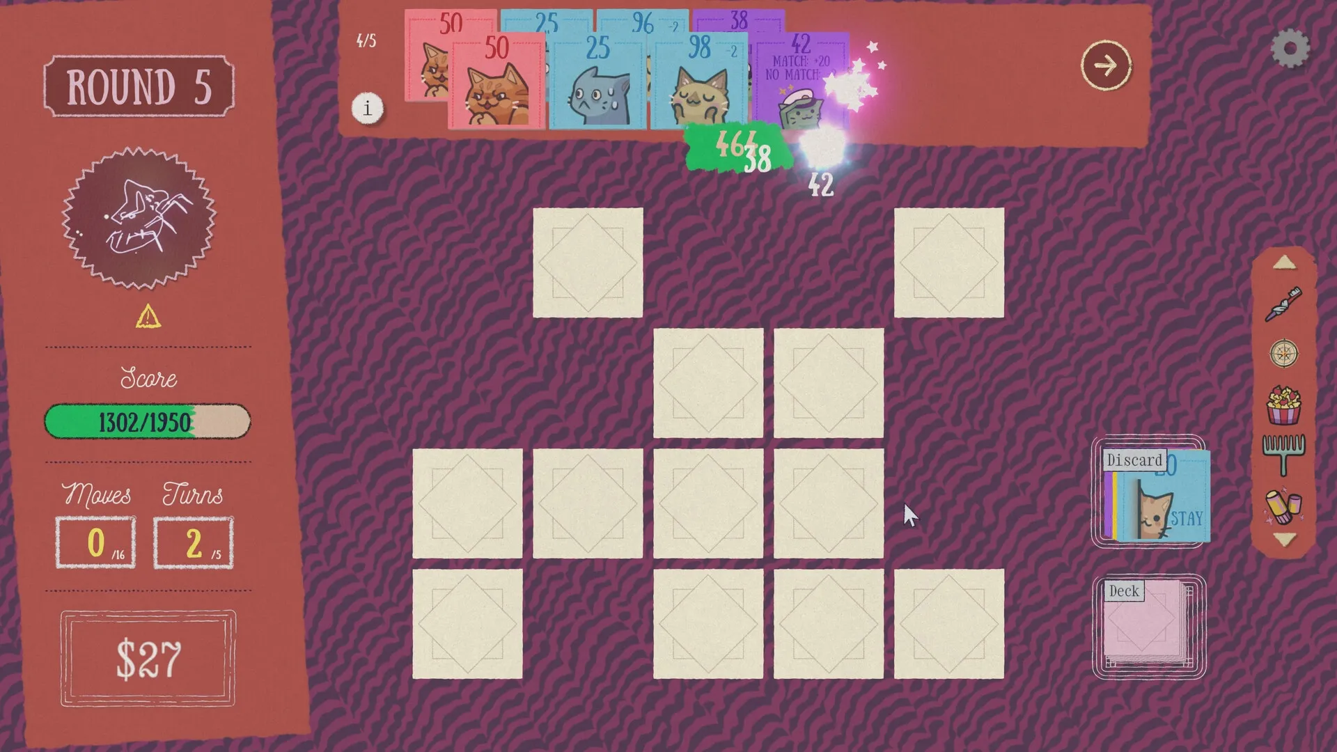 Replicat: Round 5 card match interface with cat cards, score, moves, and discard pile on purple background.
