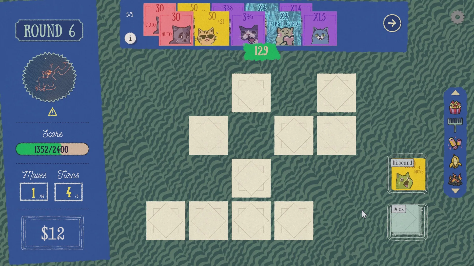 Replicat: Card selection interface with cat cards, score display, and empty card slots on patterned background.
