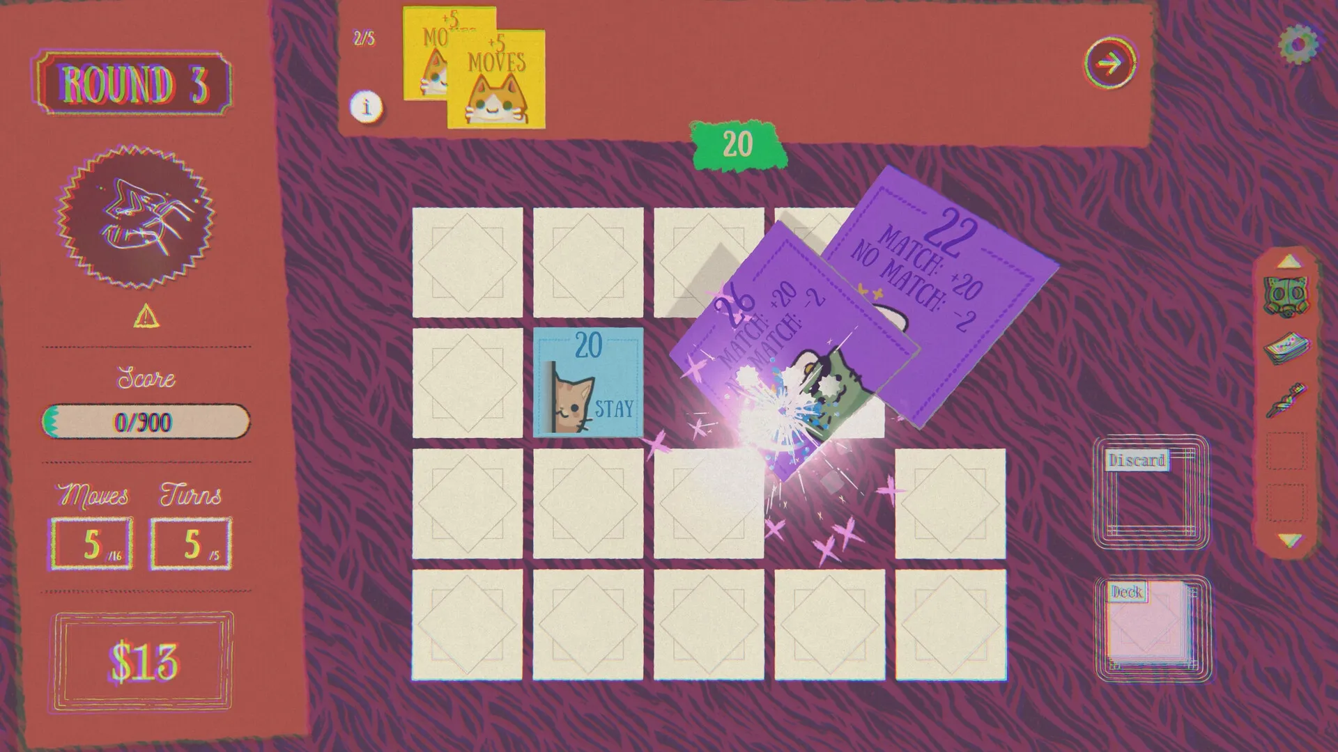 Replicat: Card matching grid with score, moves, and turns displayed in round three interface.