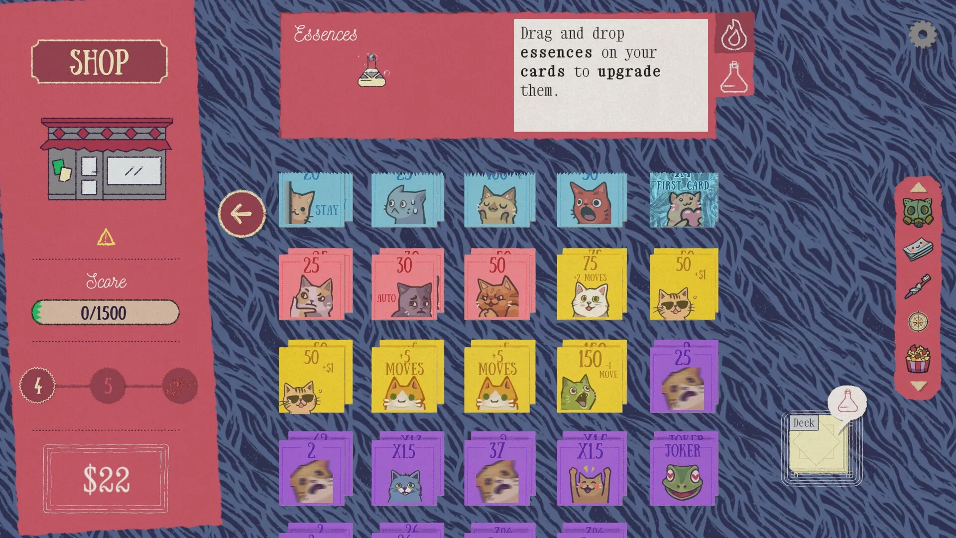 Replicat: Shop interface with card stacks featuring cats, essences, and player score displayed.