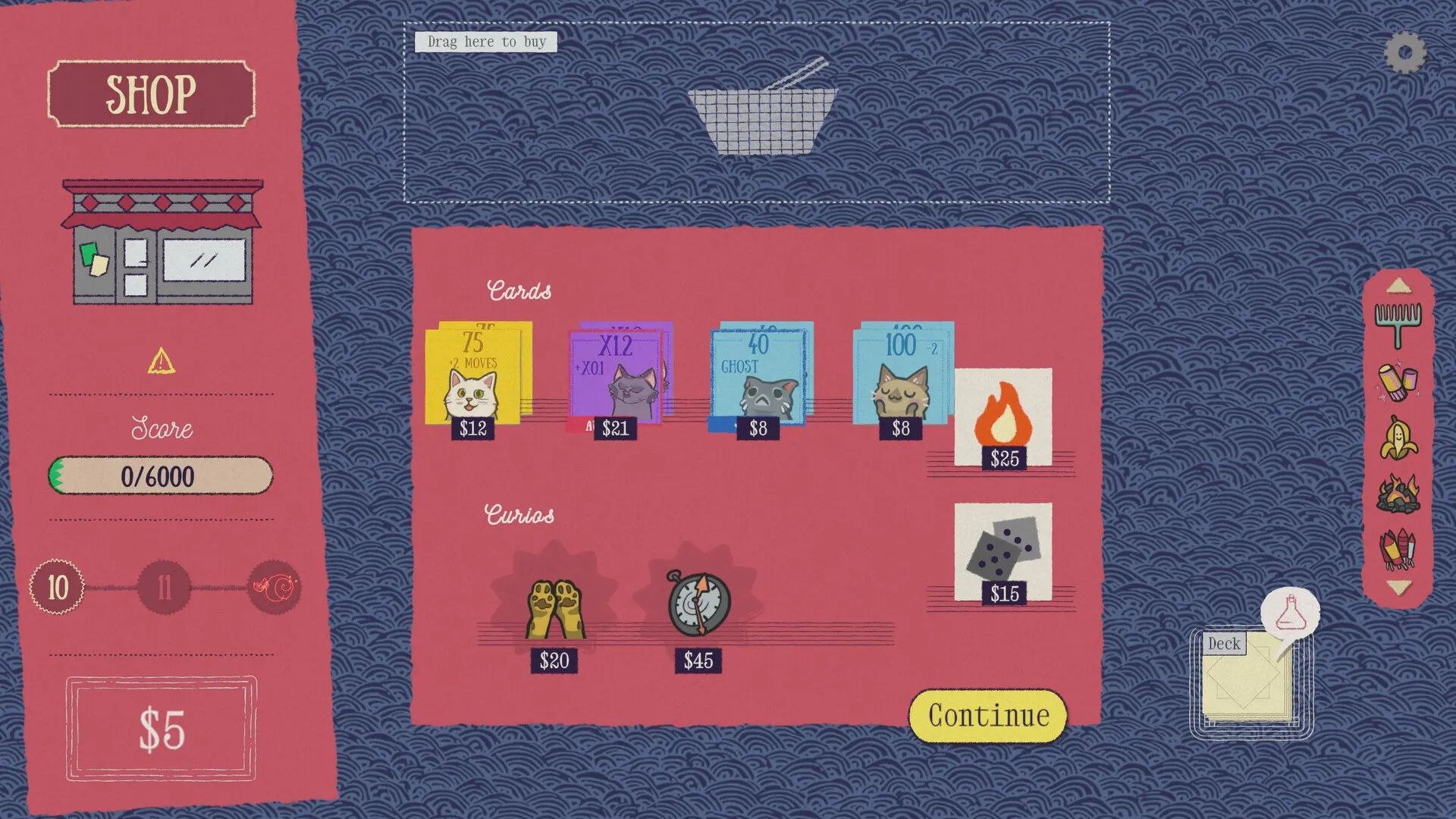 Replicat: Shop interface with various cat cards and curios available for purchase, showing player score
