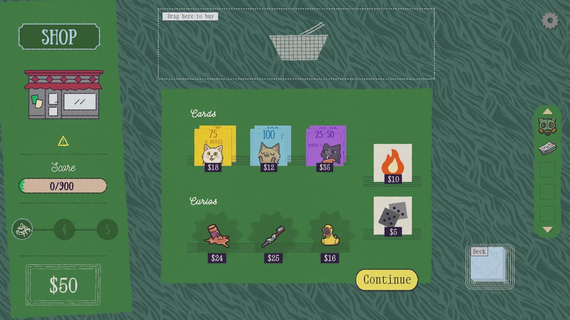 Replicat: Shop interface with cat-themed cards and curios for purchase, score bar, and $50 displayed.