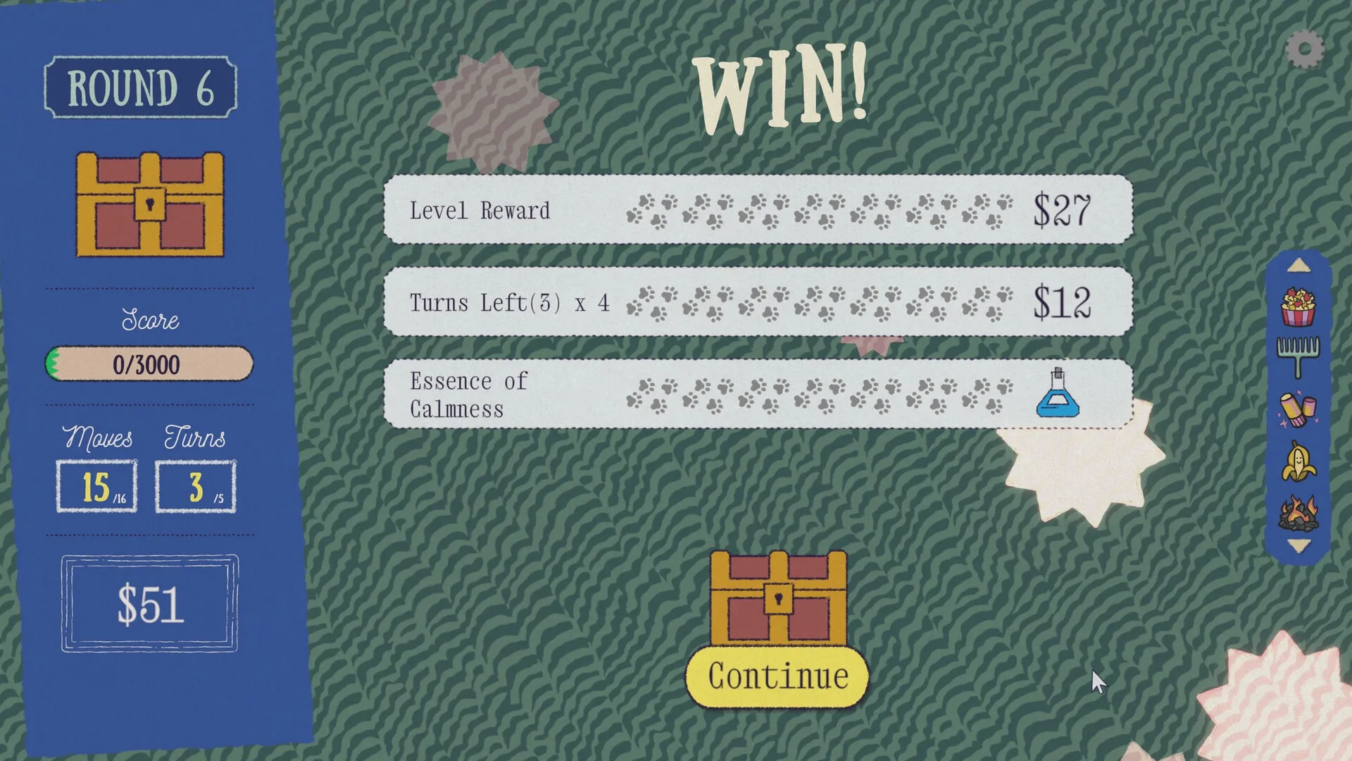 Replicat: Victory screen with rewards and stats displayed after completing round six with treasure chest.