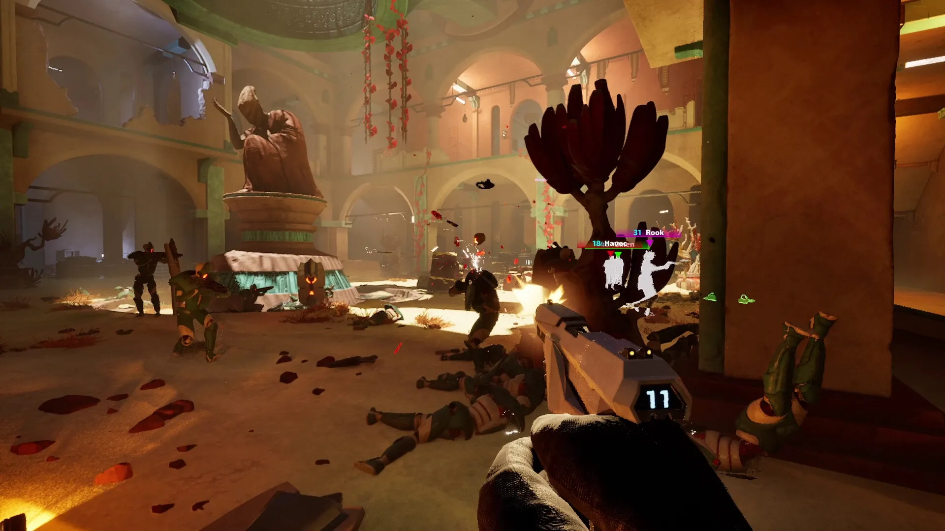 REPLICORE: Intense combat with players shooting at enemy robots in a large, statue-filled arena.