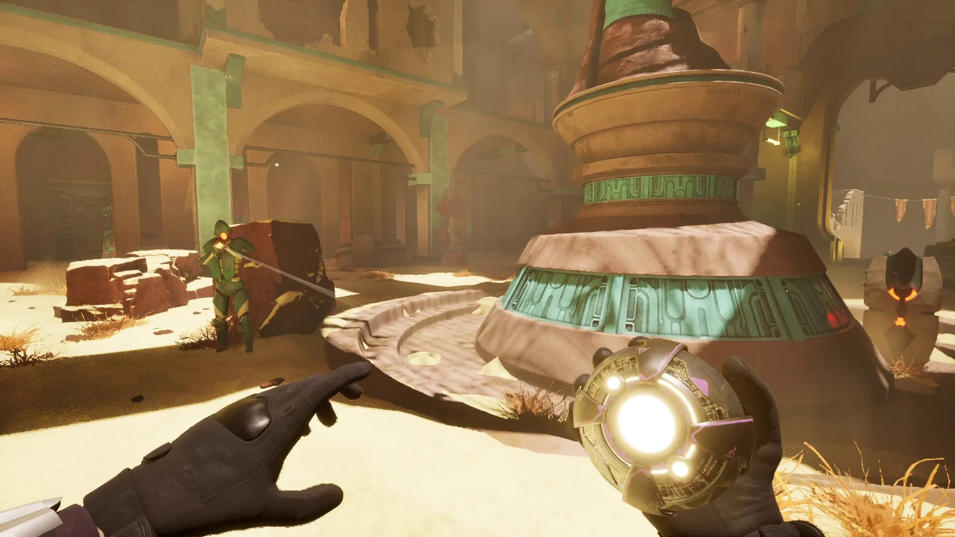REPLICORE: Player holds glowing Core, aiming at enemy from cover in sunlit ancient ruins setting.
