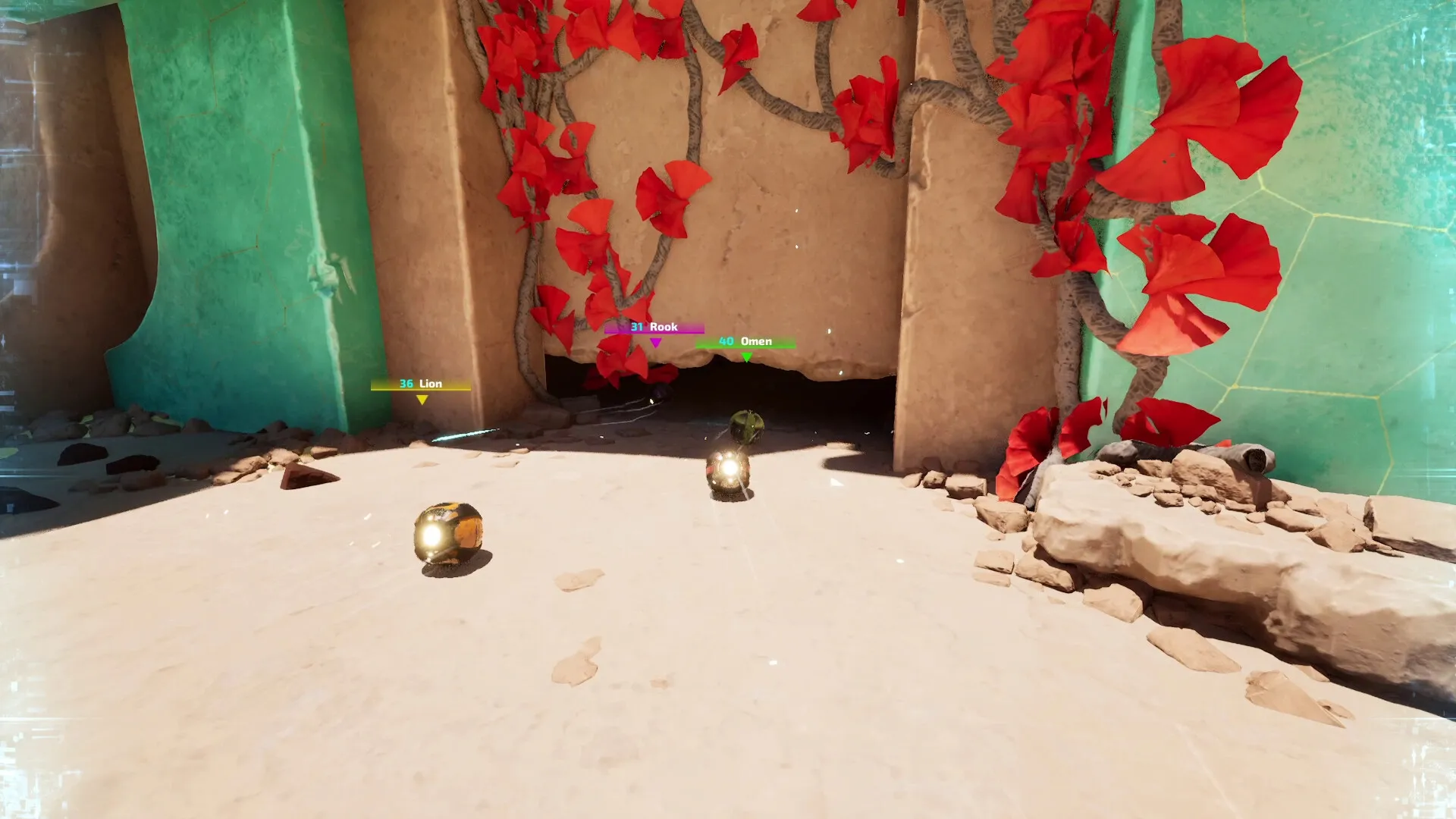 REPLICORE: Three spherical Cores named Lion, Rook, and Omen roll toward a tunnel in a desert environment