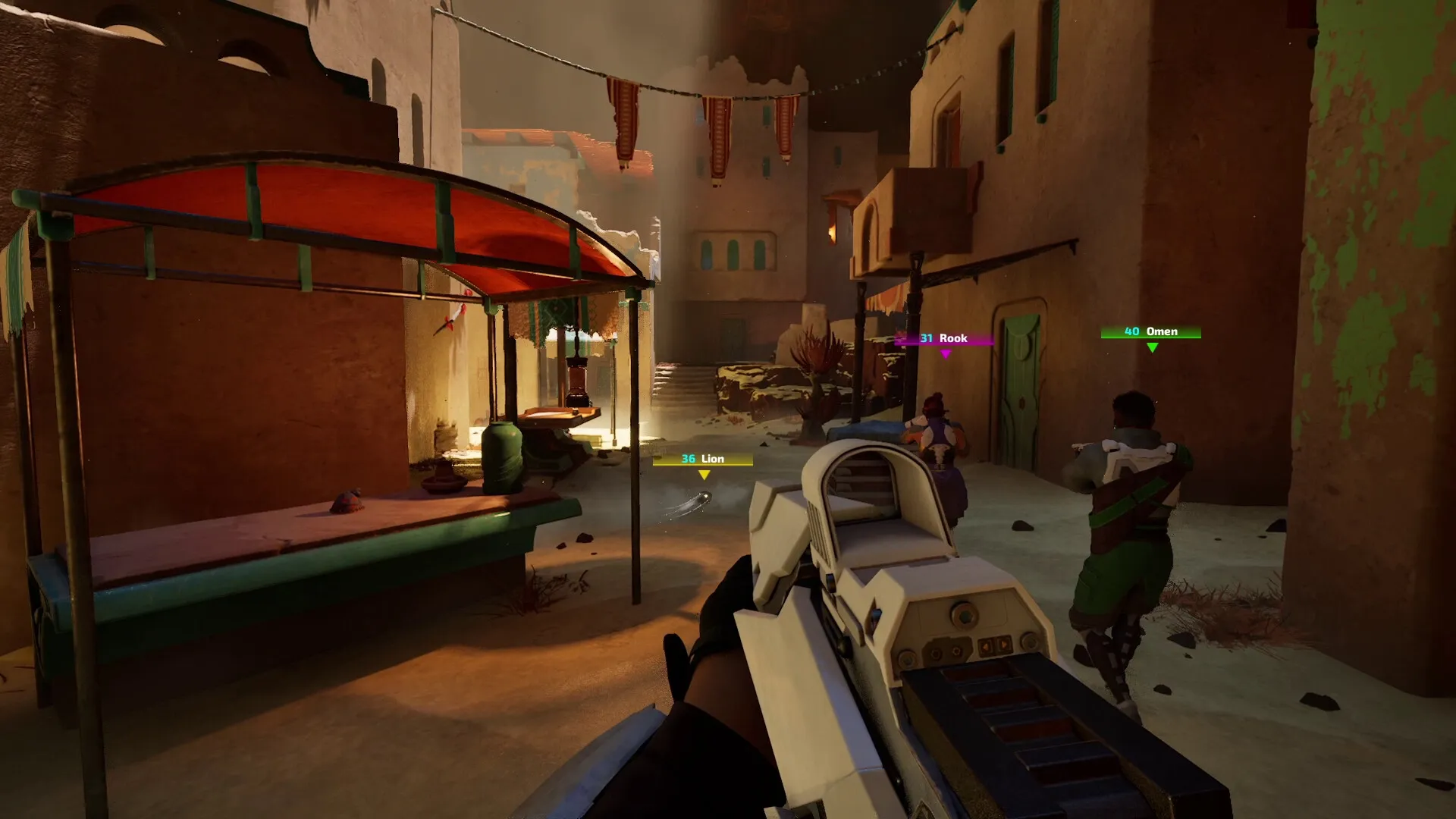 REPLICORE: First-person view in desert village alley, teammates Rook, Lion, Omen advance with weapons ready.
