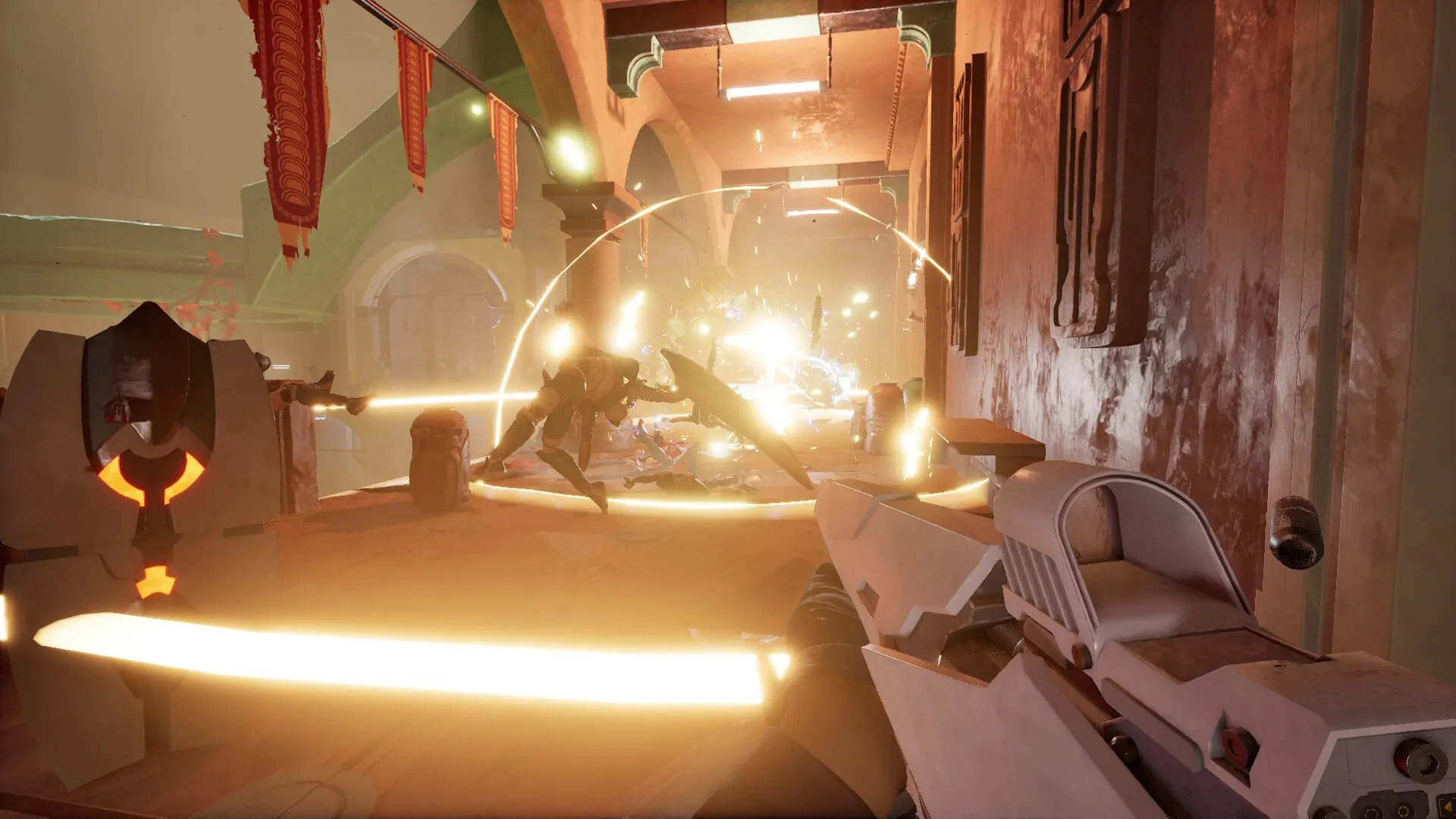 REPLICORE: Player in combat firing weapon at robots in a corridor with orange glow and debris flying.