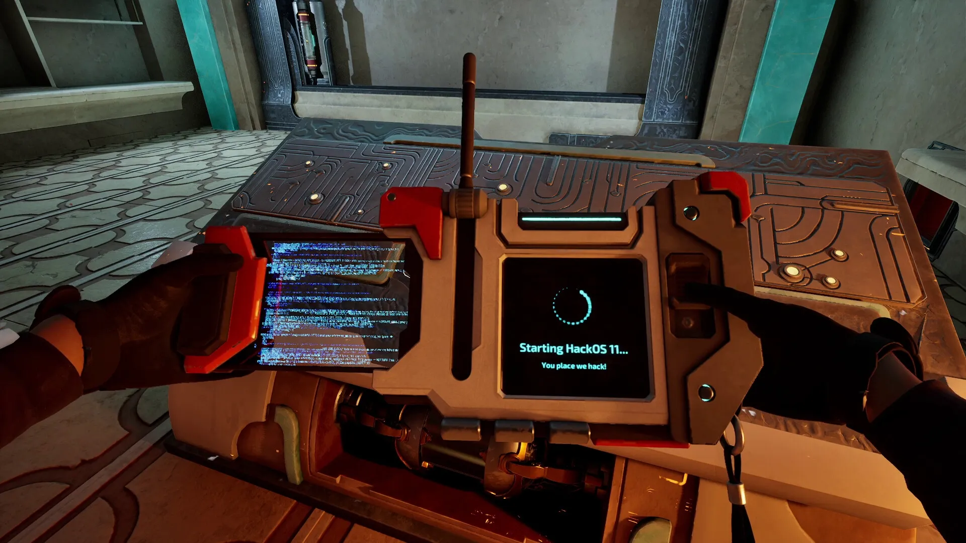 REPLICORE: Hacking interface with player initiating HackOS 11 in a futuristic control room setting