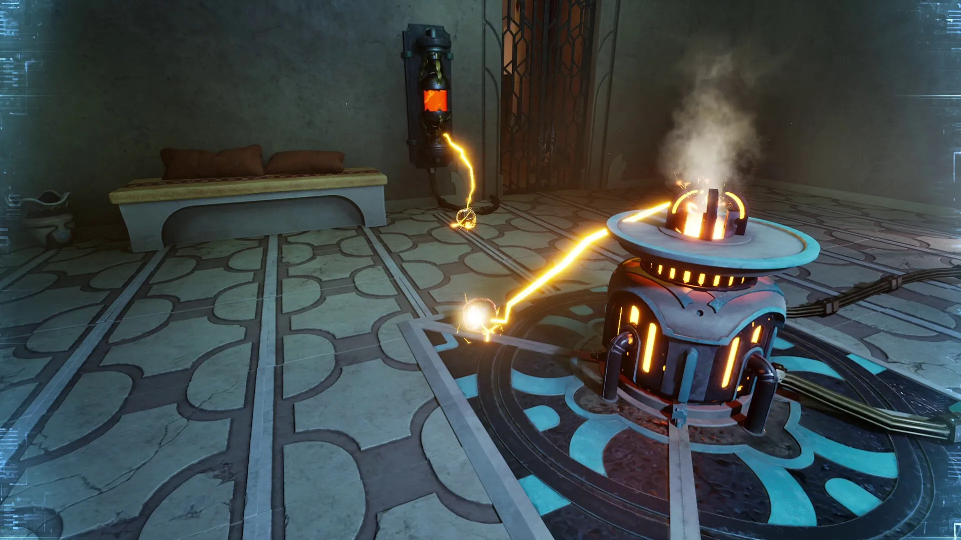 REPLICORE: Energy beam connecting generator to wall in futuristic room with intricate floor patterns
