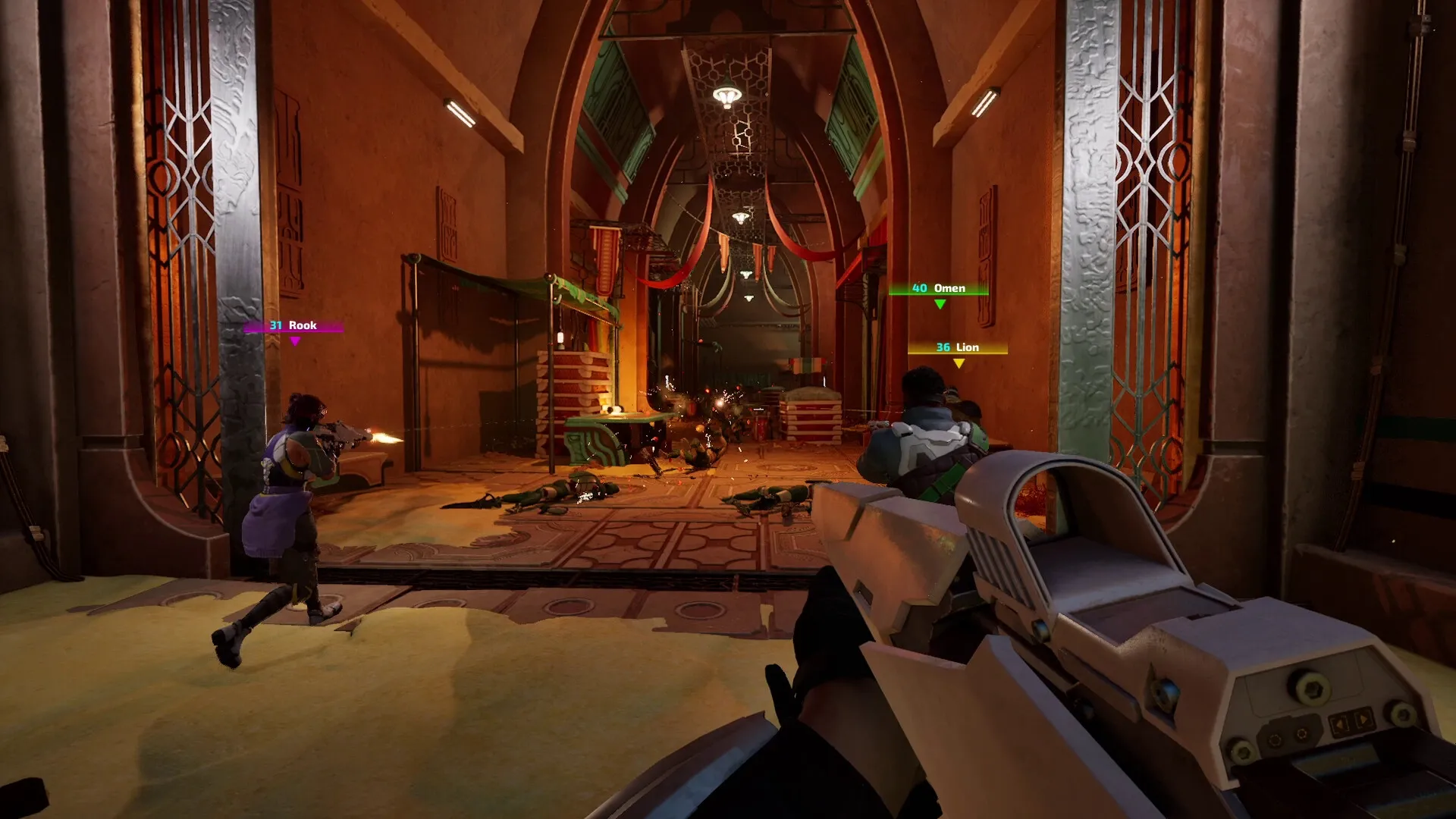 REPLICORE: Players Rook, Omen, and Lion engage enemy robots in a dimly lit, ornate hallway.