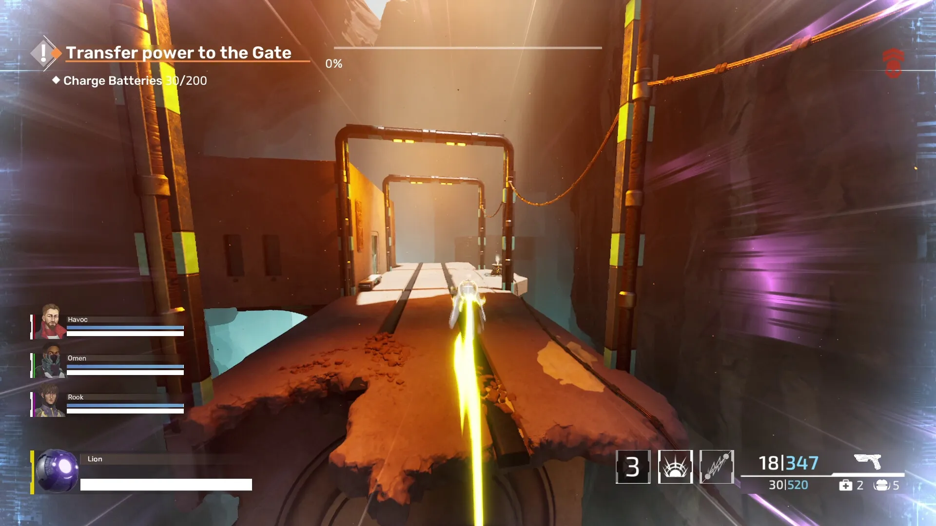 REPLICORE: Core dashes across a bridge in canyon, HUD shows team status and battery charge progress
