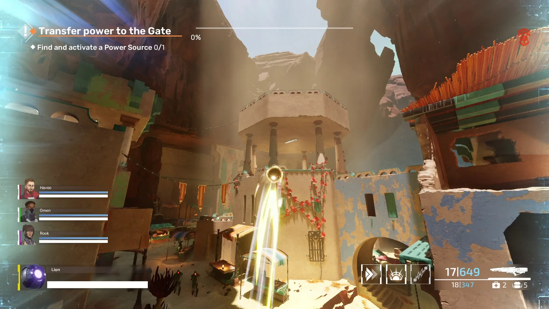 REPLICORE: Core character soaring over a colorful canyon town, HUD displays objective and player stats.