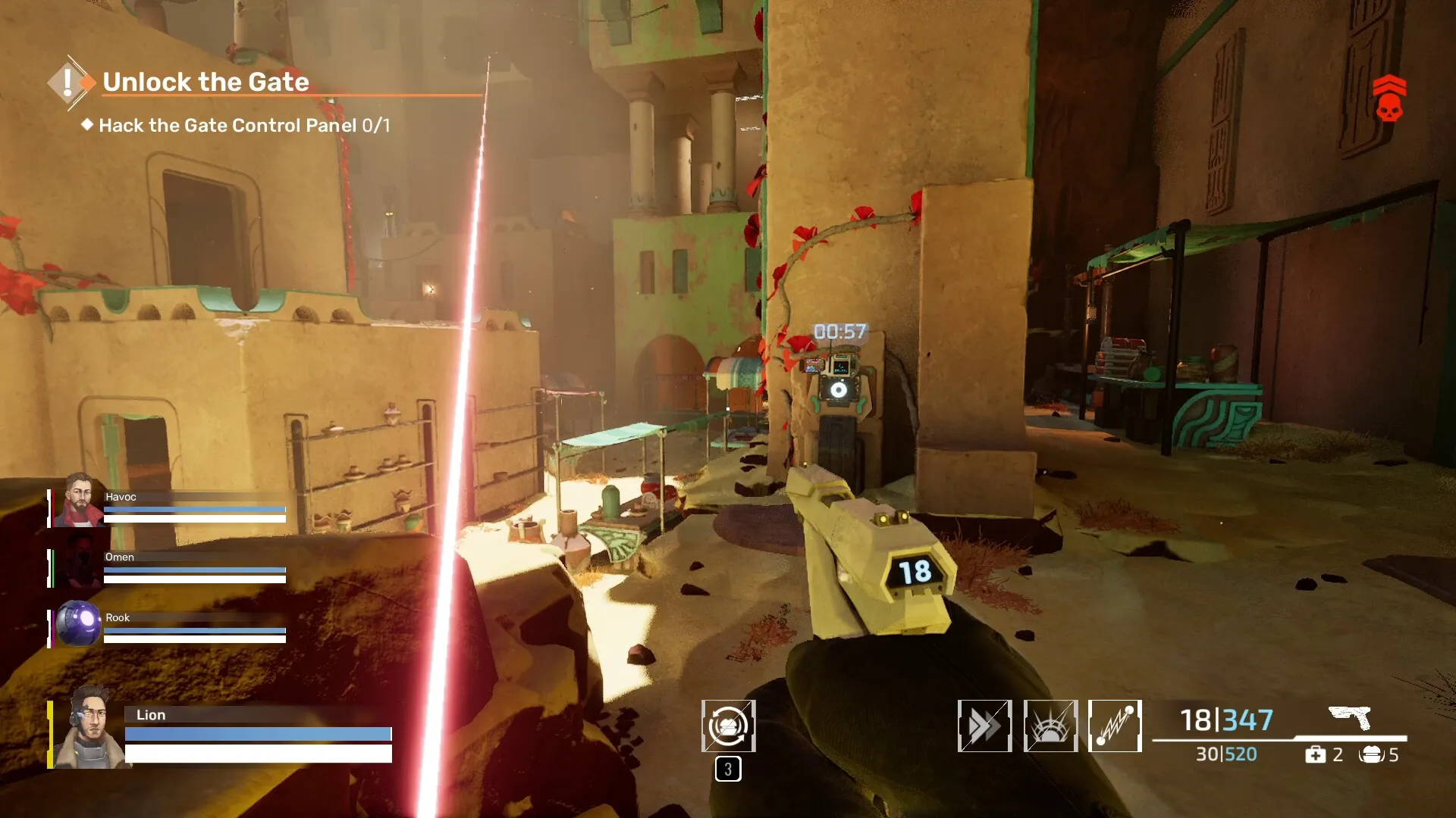 REPLICORE: Player aiming at a control panel in desert town, teammate health bars and objectives displayed.