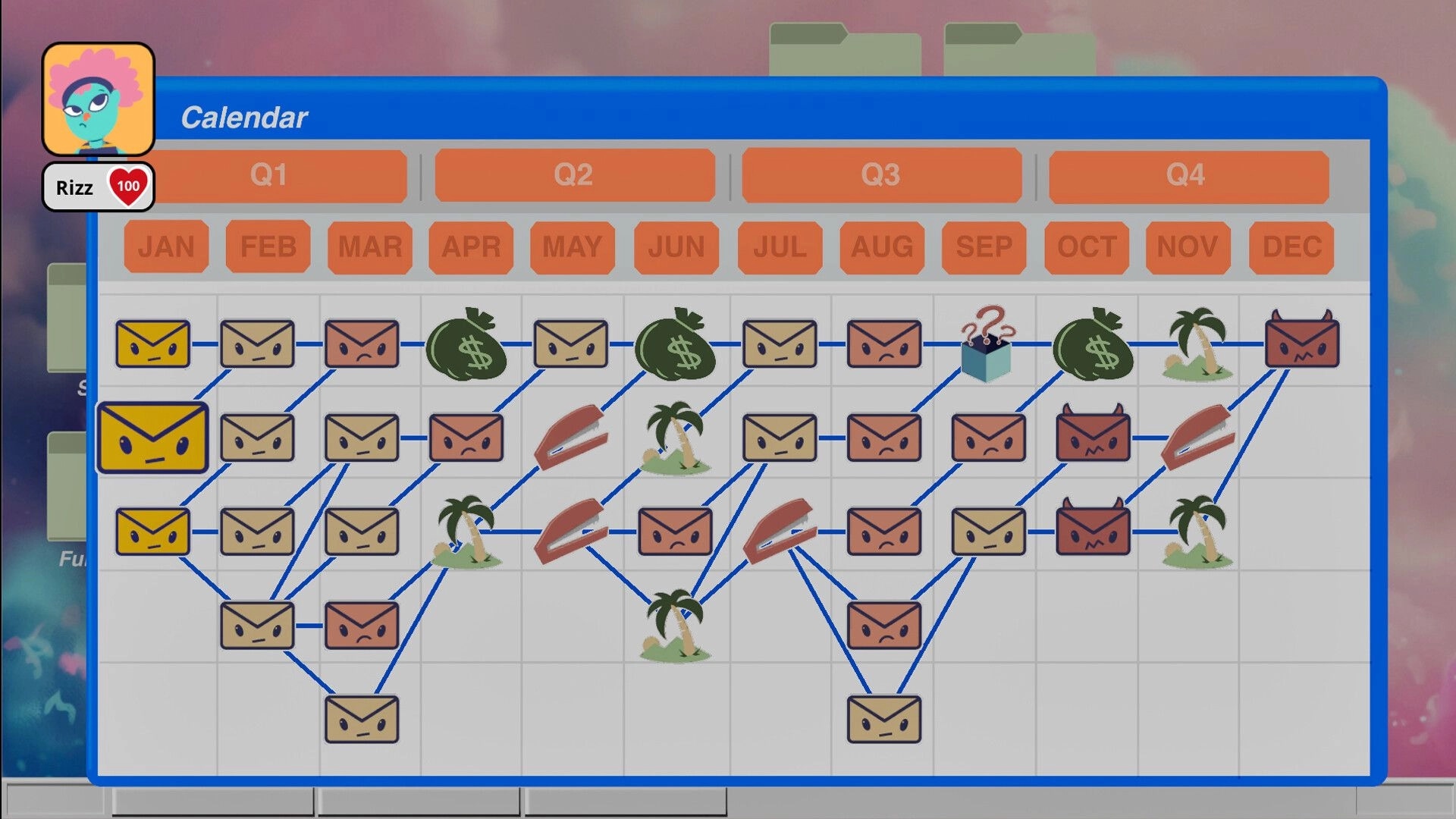 Reply All: Character "Rizz" navigates calendar with email nodes, money bags, and vacation icons