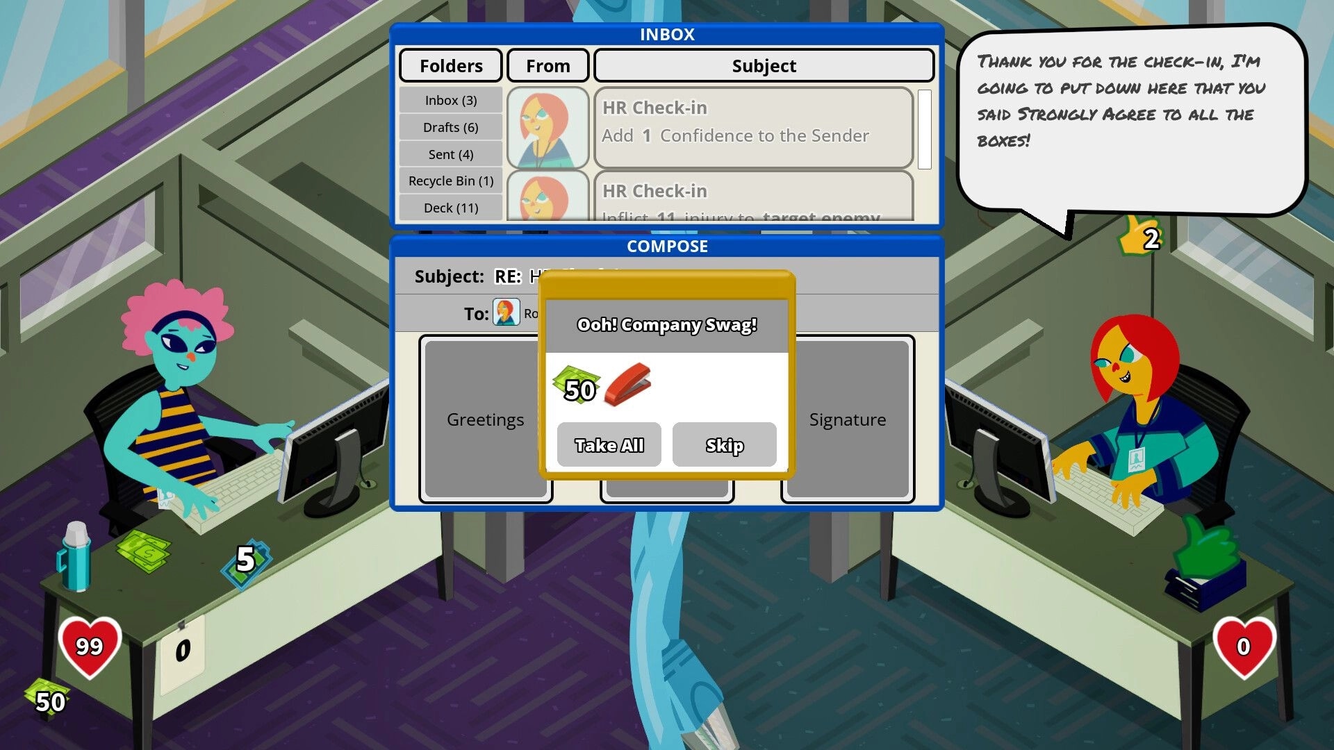 Reply All: Two characters at desks with email interface showing "Ooh! Company Swag!" reward options