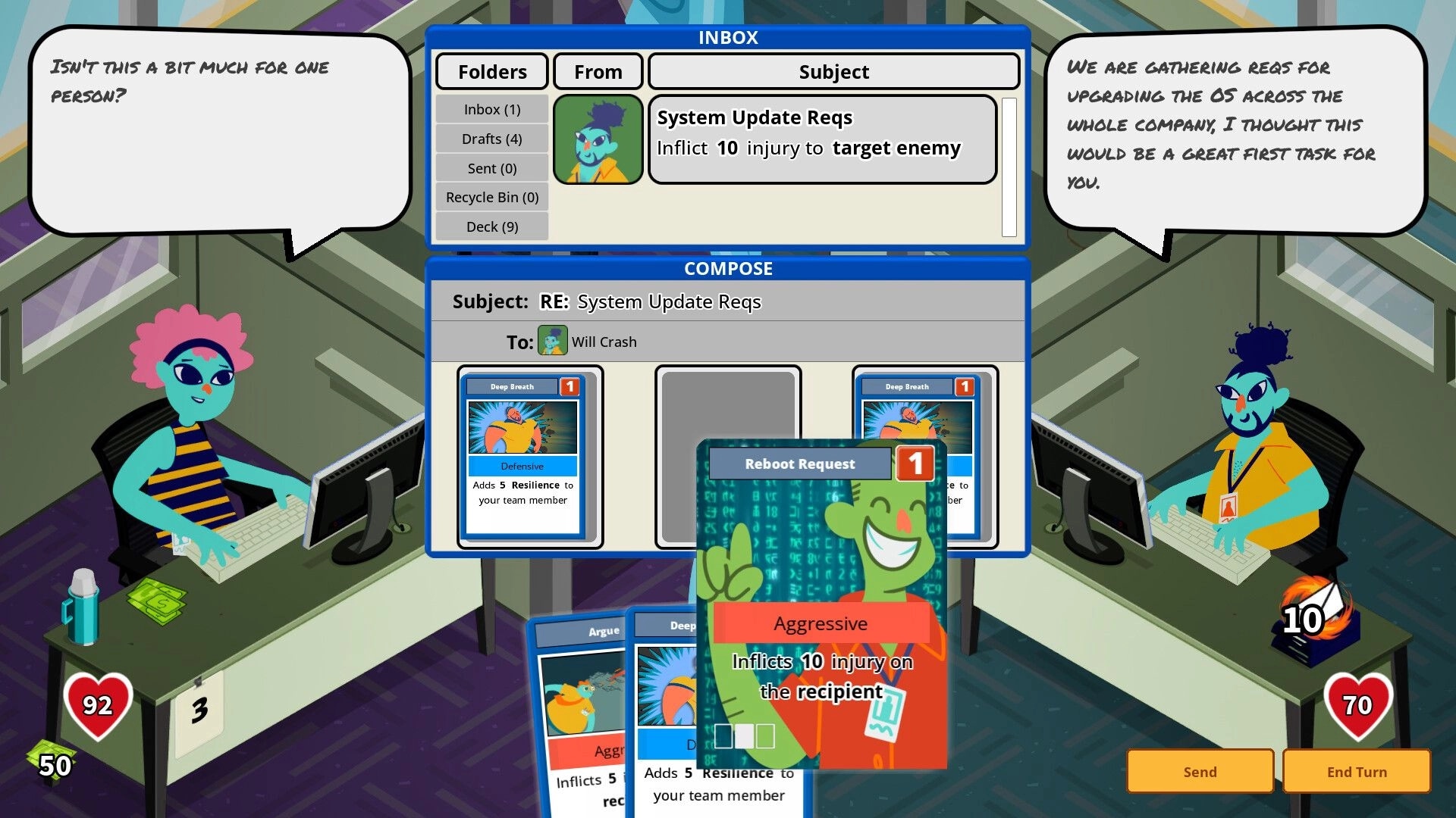 Reply All: Two characters at desks exchanging cards in an office environment with email combat interface.