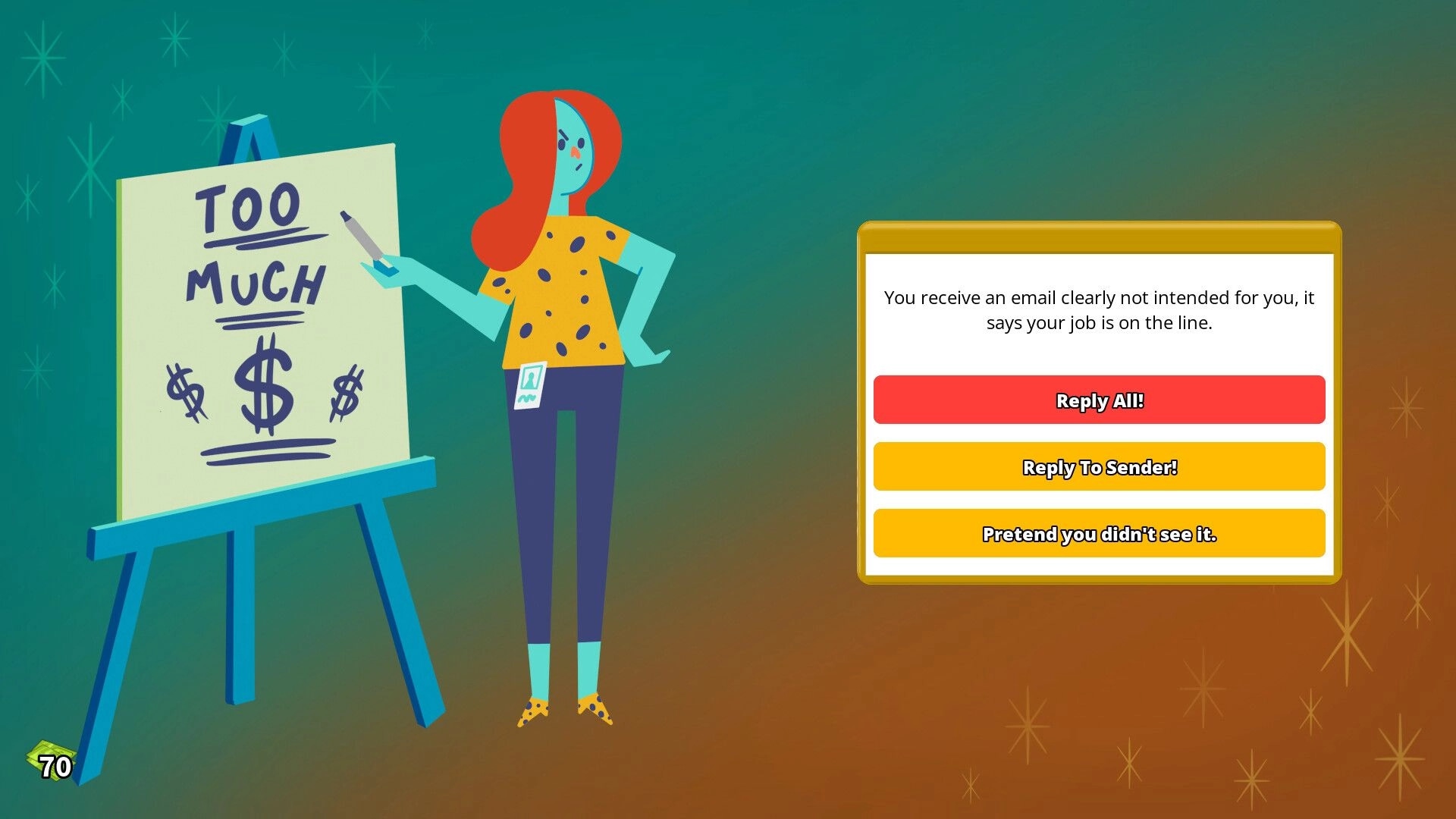 Reply All: Character points at "Too Much" chart, decision menu with email response options visible