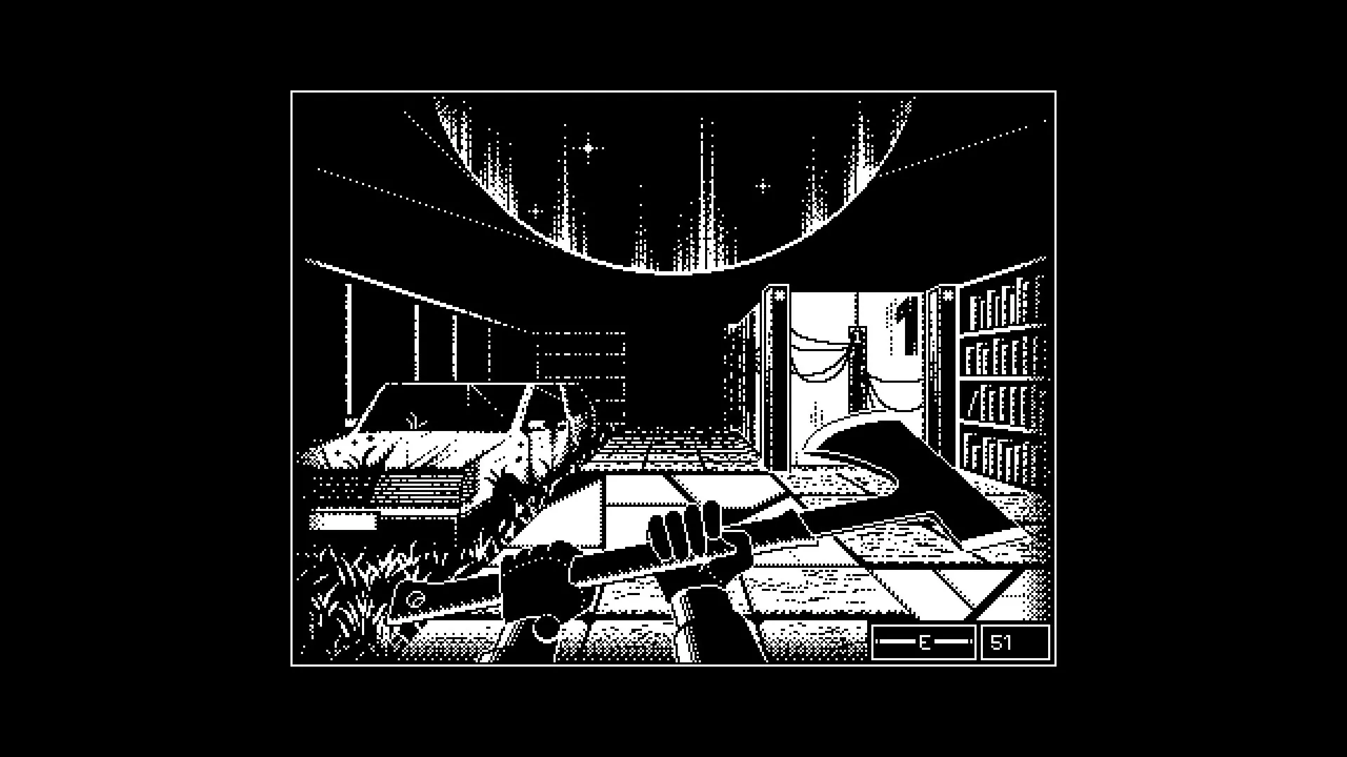REPOSE: Player holding axe in dim facility hallway, old car visible, energy bar at bottom right