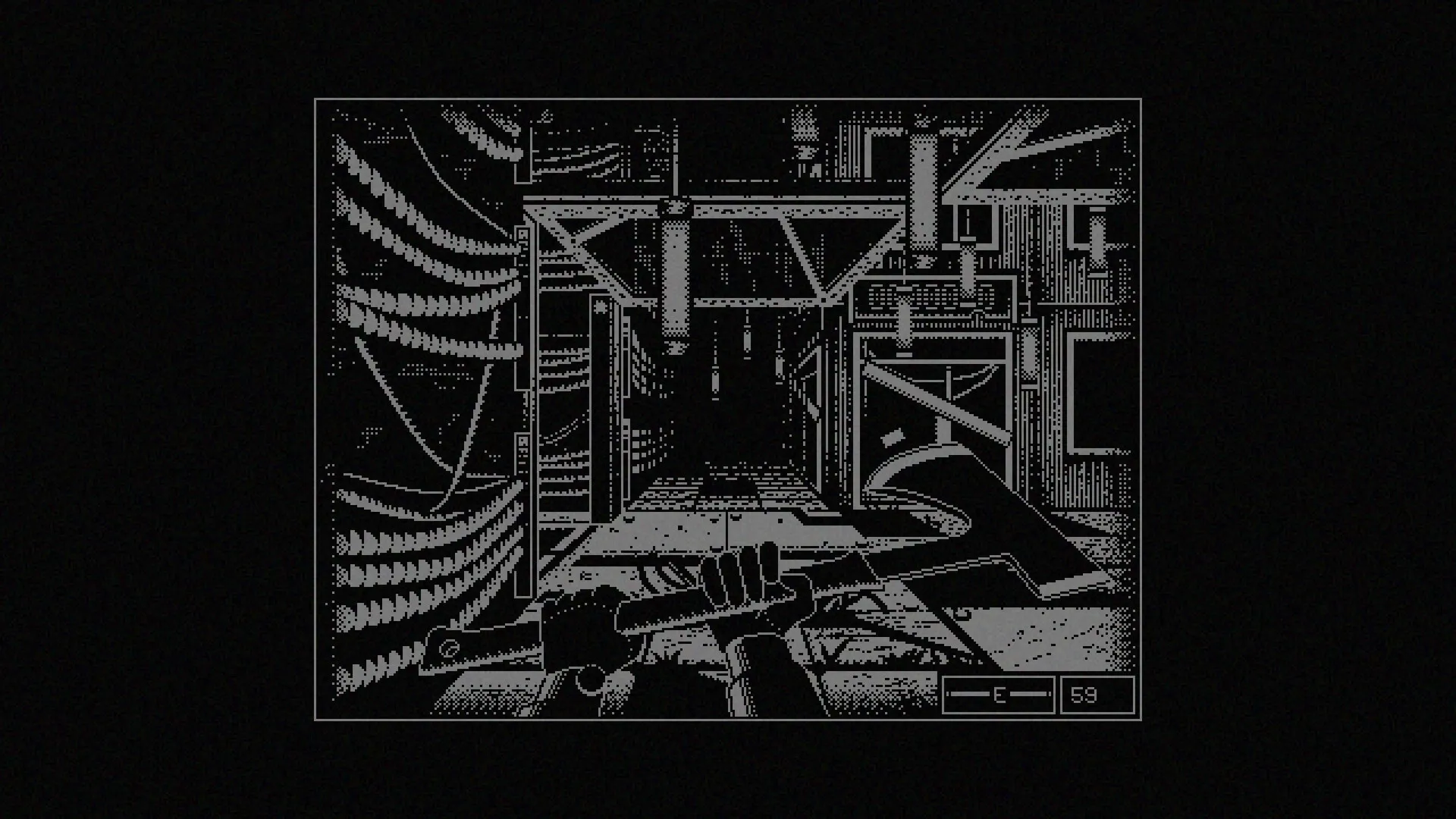 REPOSE: First-person view holding an axe in a dark industrial corridor with energy bar at 59.