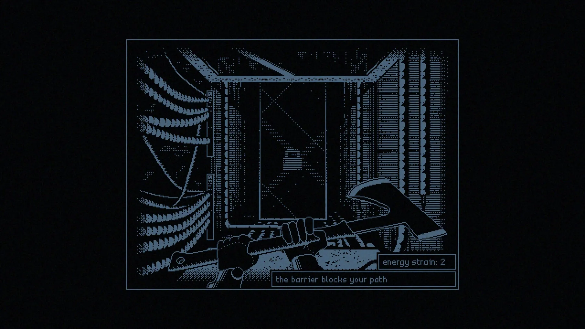 REPOSE: Player holds an axe facing a barrier with energy strain indicator in dimly lit corridor.