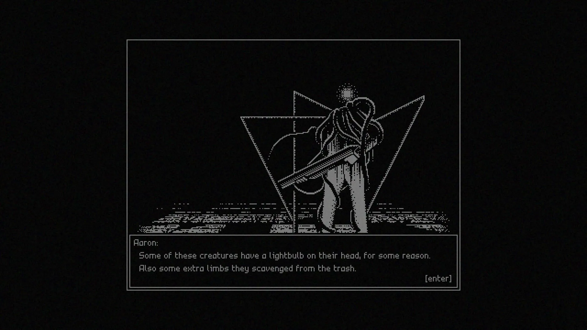 REPOSE: Creature with lightbulb head and extra limbs stands in a dark facility, dialog from Aaron visible.