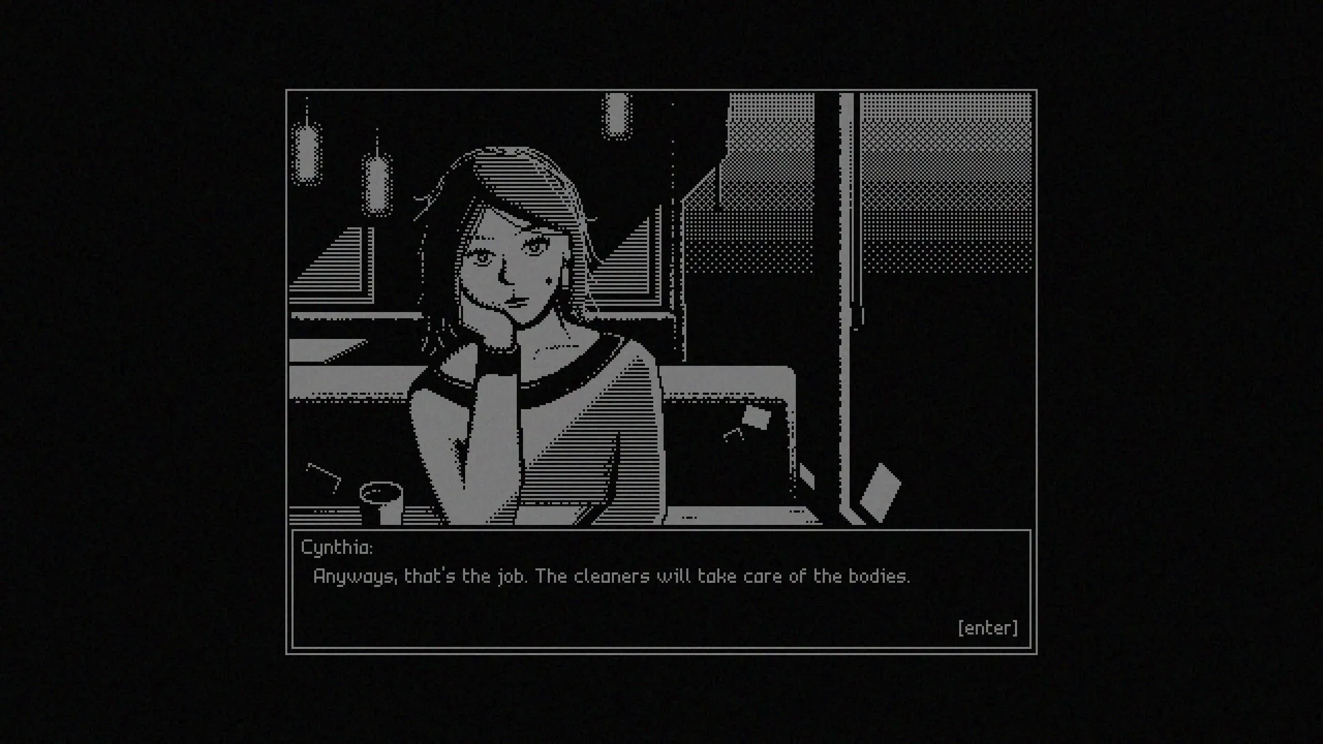 REPOSE: Cynthia in a dimly lit facility, dialogue box reads, "The cleaners will take care of the bodies."