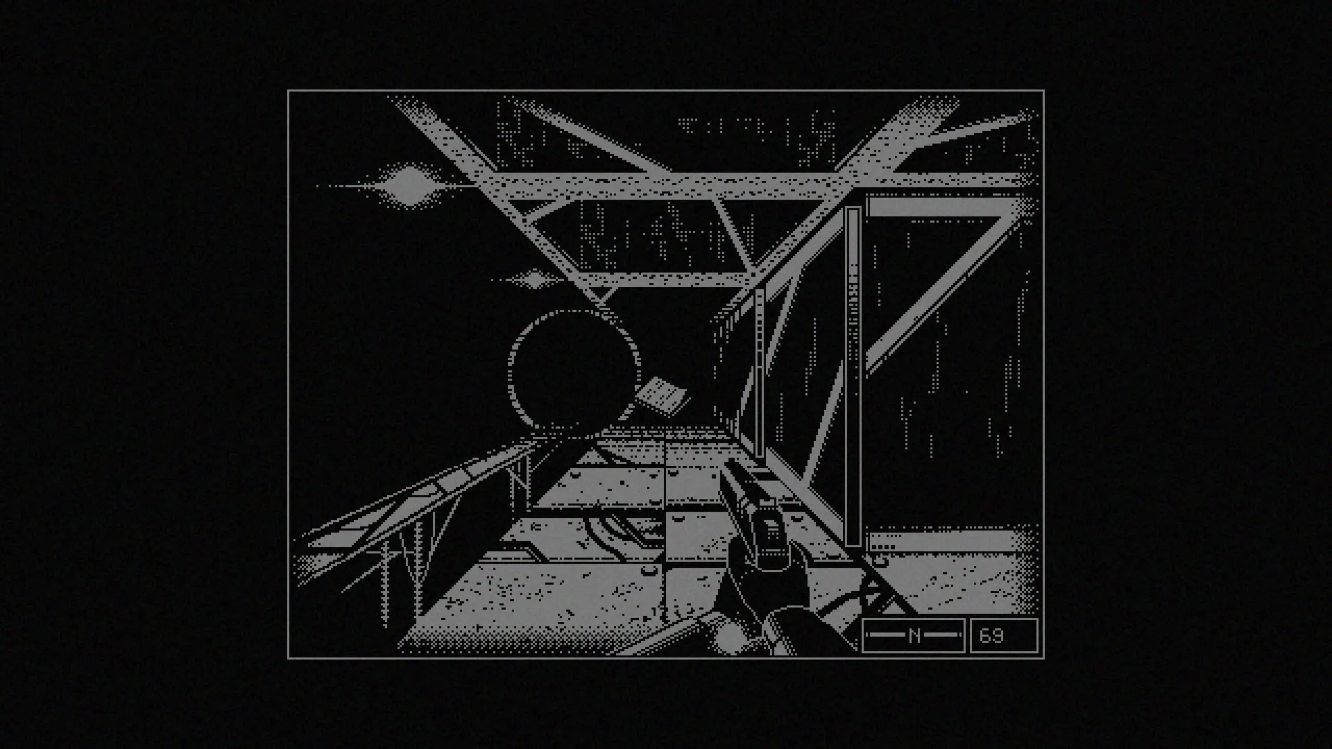 REPOSE: Player aims gun in dim corridor with exposed pipes and energy counter at bottom right of screen