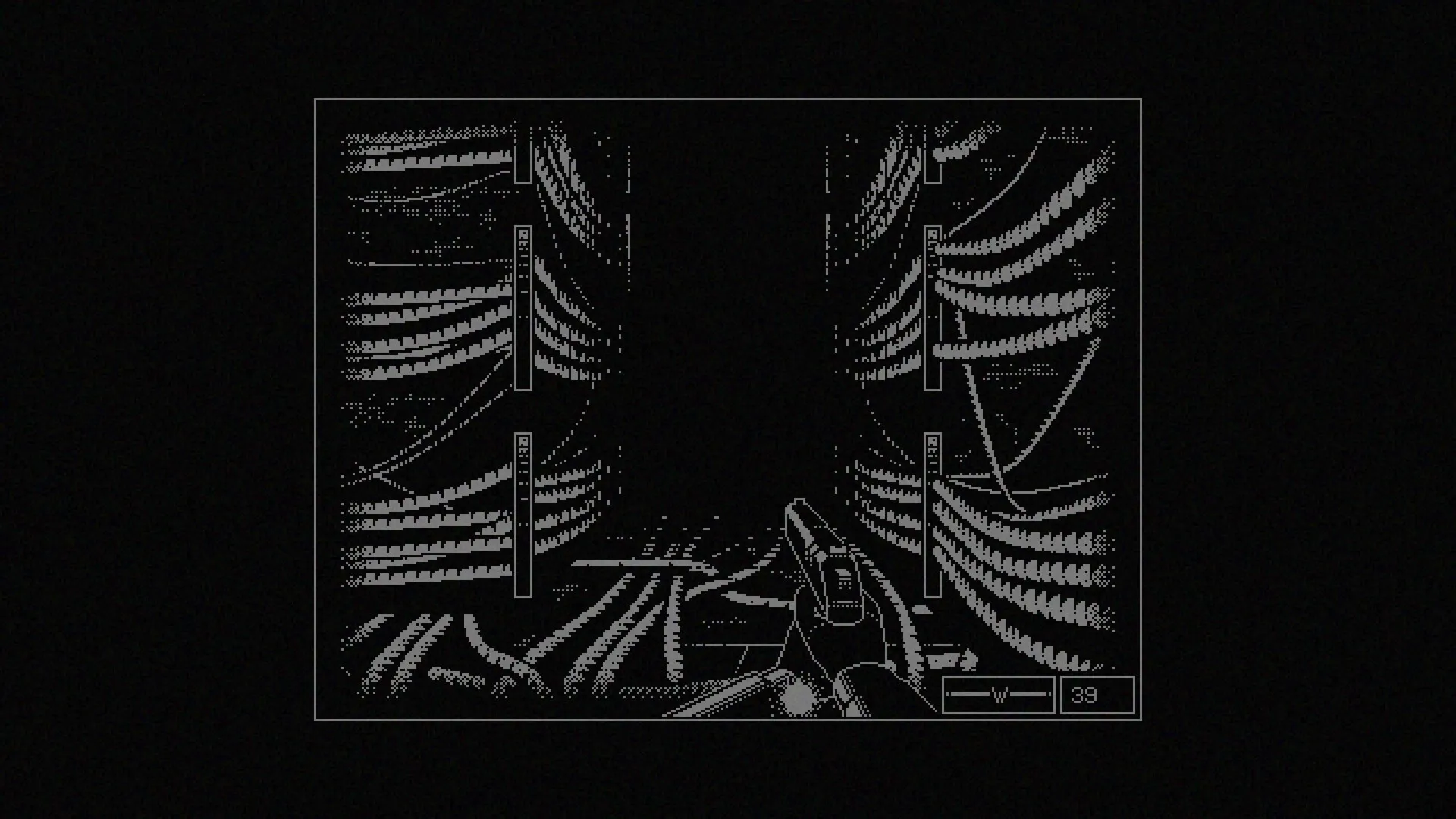 REPOSE: First-person view holding a gun in a dark corridor with pipes lining the walls in black and white.