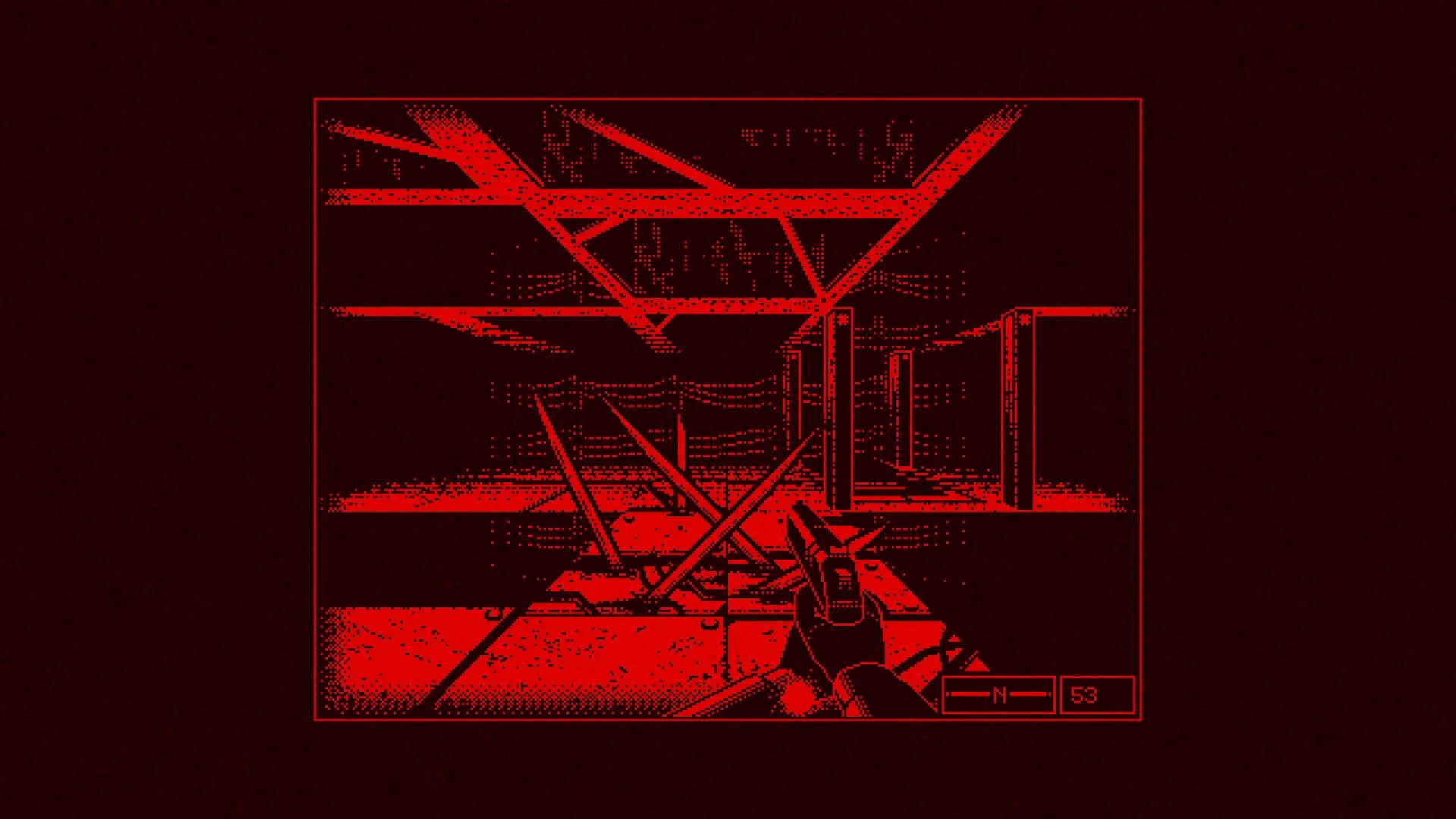 REPOSE: Player aiming gun in dark facility with debris; energy bar at 53 in lower right corner.