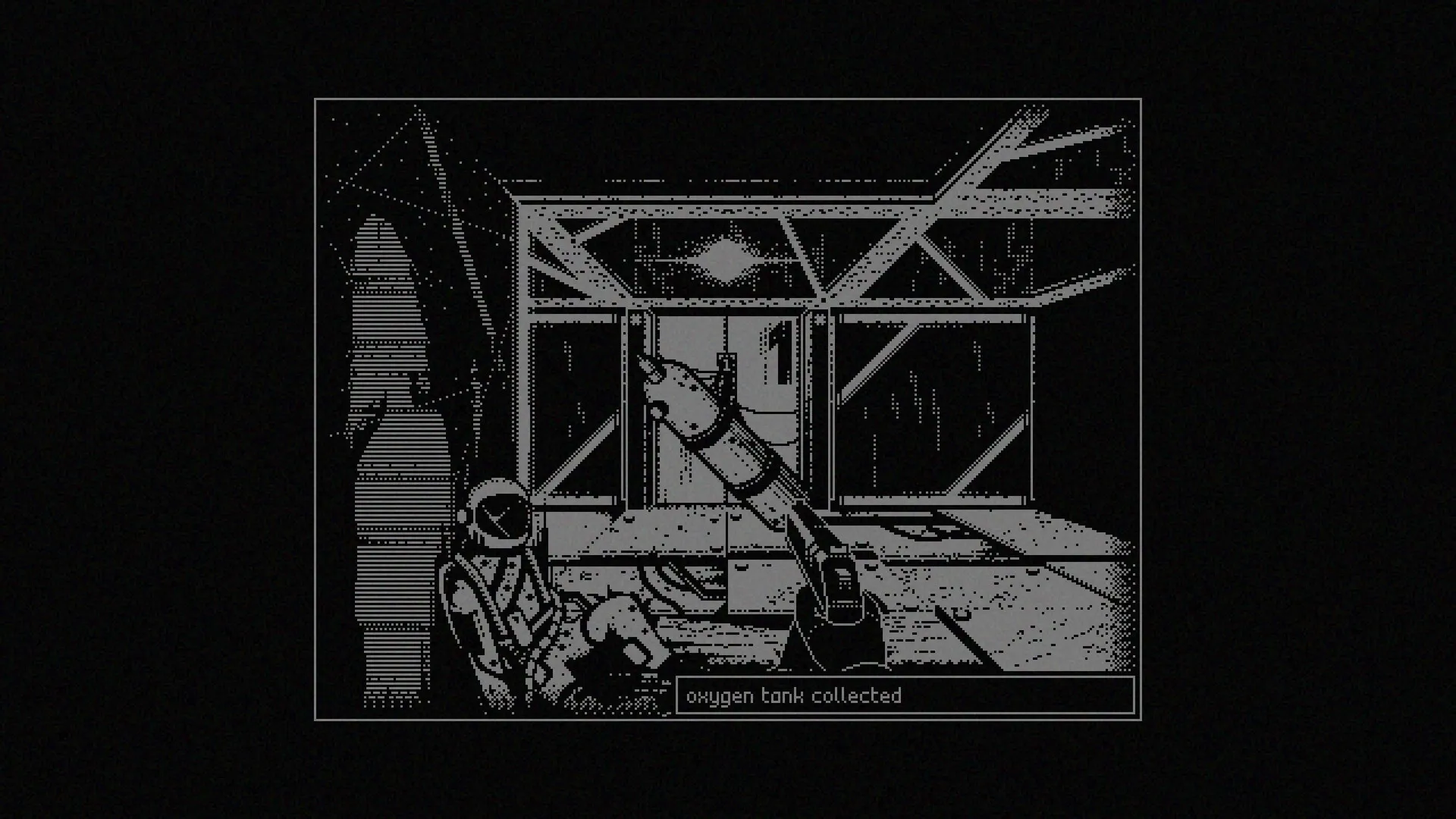 REPOSE: Astronaut collects oxygen tank in a dimly lit facility with geometric window structures.