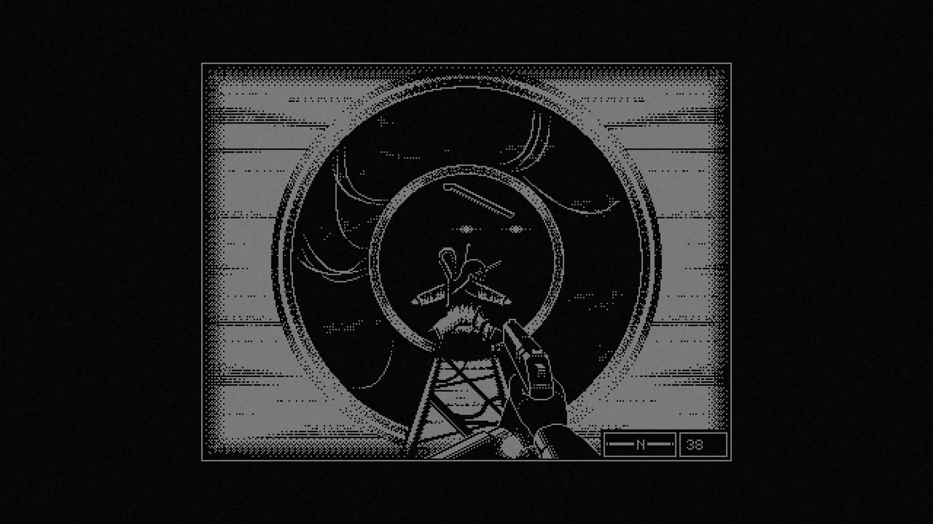 REPOSE: Player character aiming a gun at a circular vent in a dark, monochrome facility hallway.