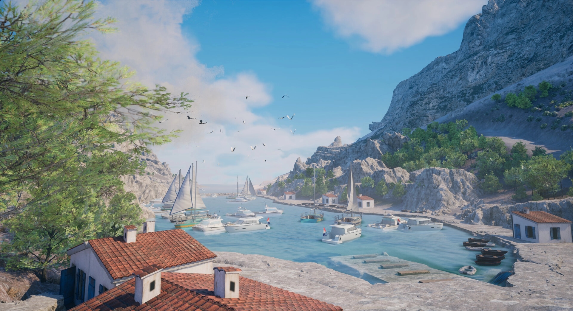 Rescue Ops: Scenic harbor view with sailboats and docks below rocky cliffs and seaside village rooftops.