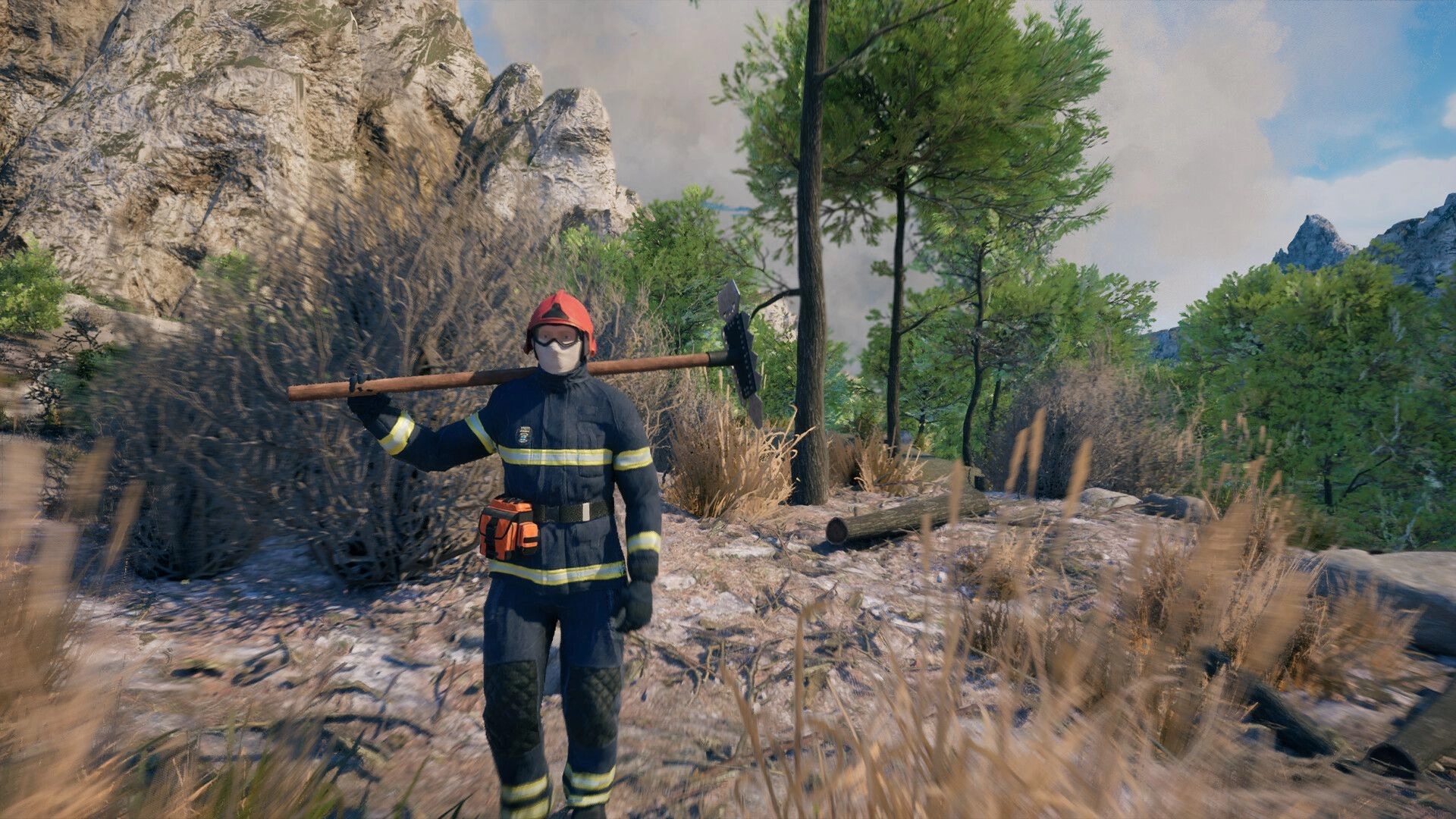 Rescue Ops: Firefighter in helmet carries a Pulaski tool on shoulder in rocky pine forest trail.