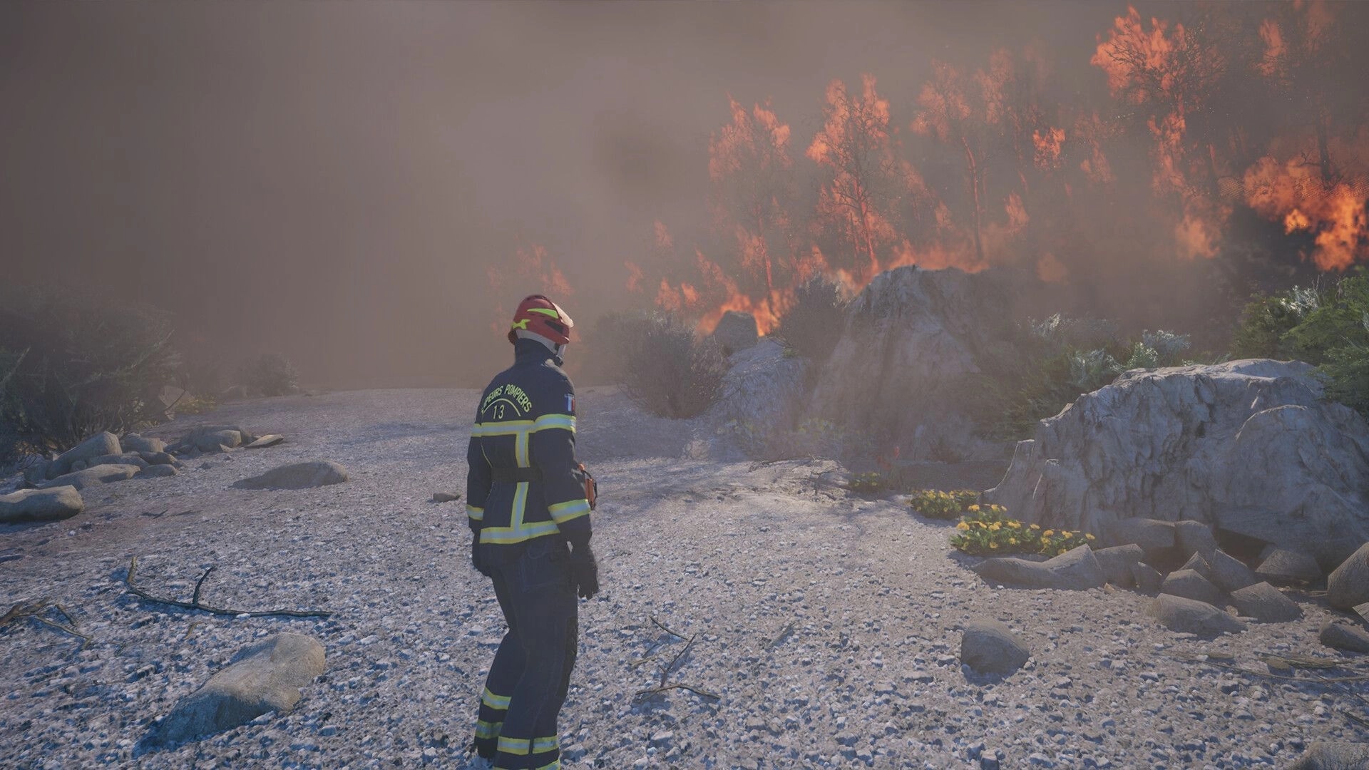 Rescue Ops: Firefighter stands near a burning treeline on a rocky path under thick smoke haze.