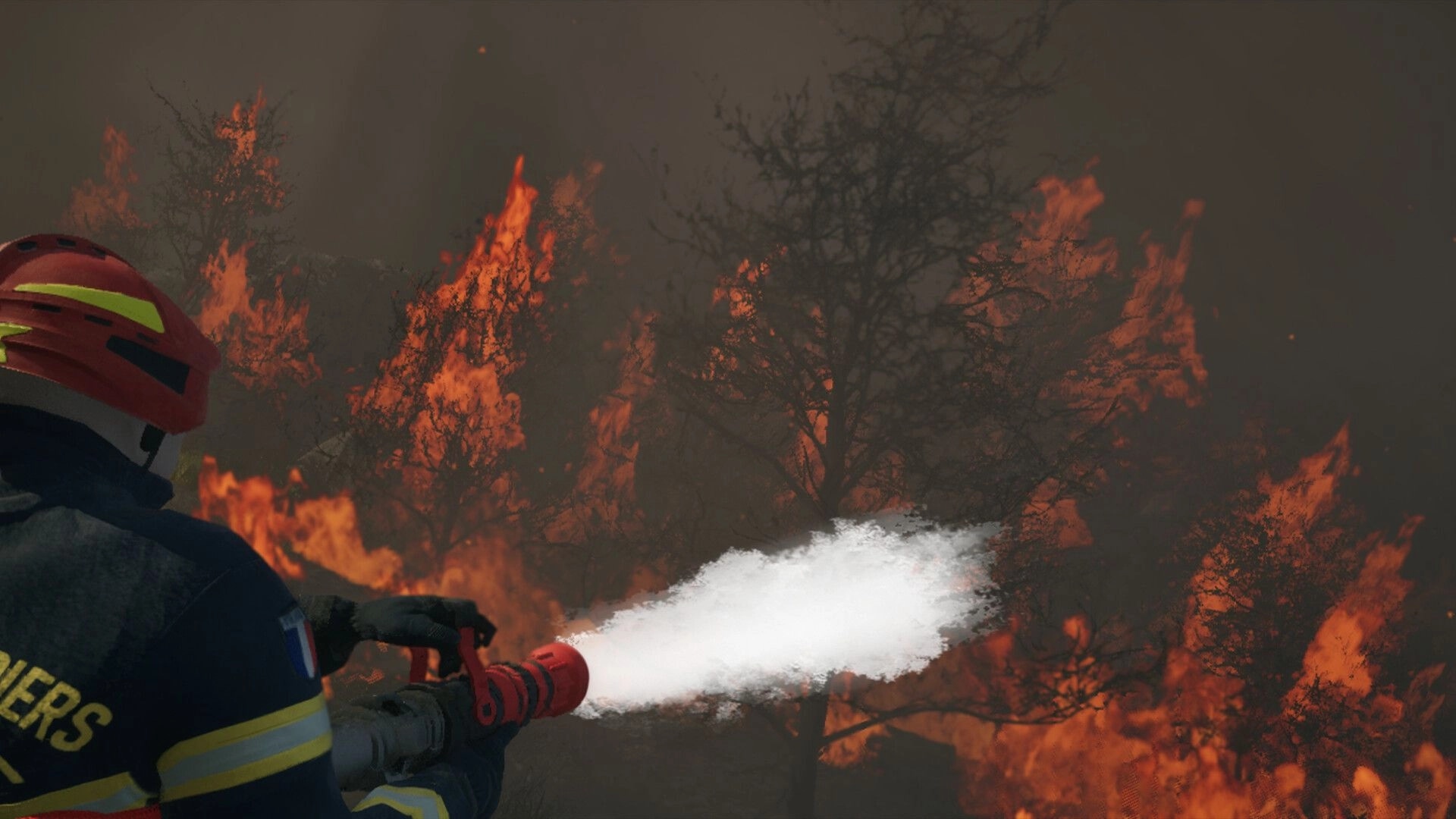 Rescue Ops: Firefighter sprays foam from a hose at burning trees in a smoke-choked forest wildfire.