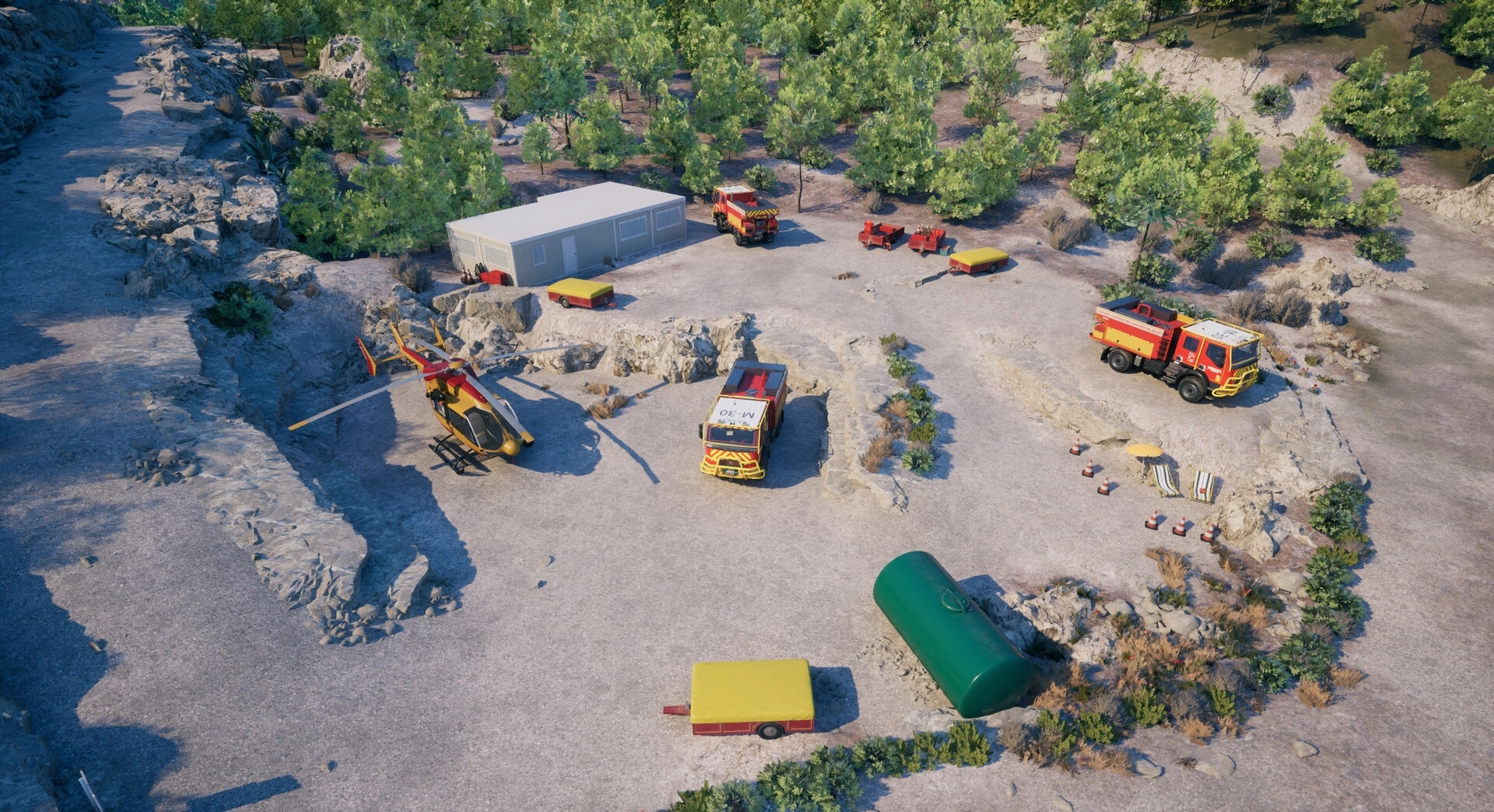 Rescue Ops: Aerial view of fire trucks and a rescue helicopter parked at a rocky forest base camp.