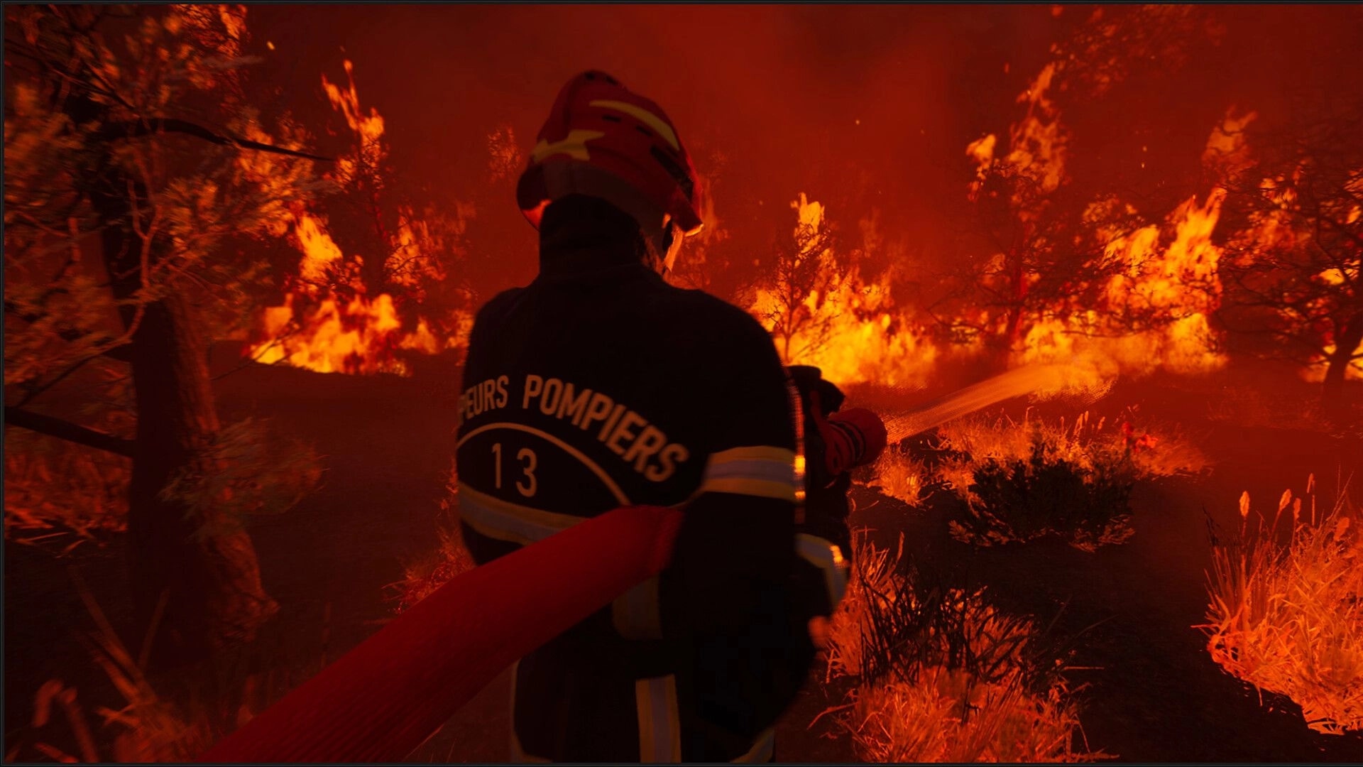 Rescue Ops: Firefighter spraying hose at blazing treeline in smoke-filled forest wildfire at night.