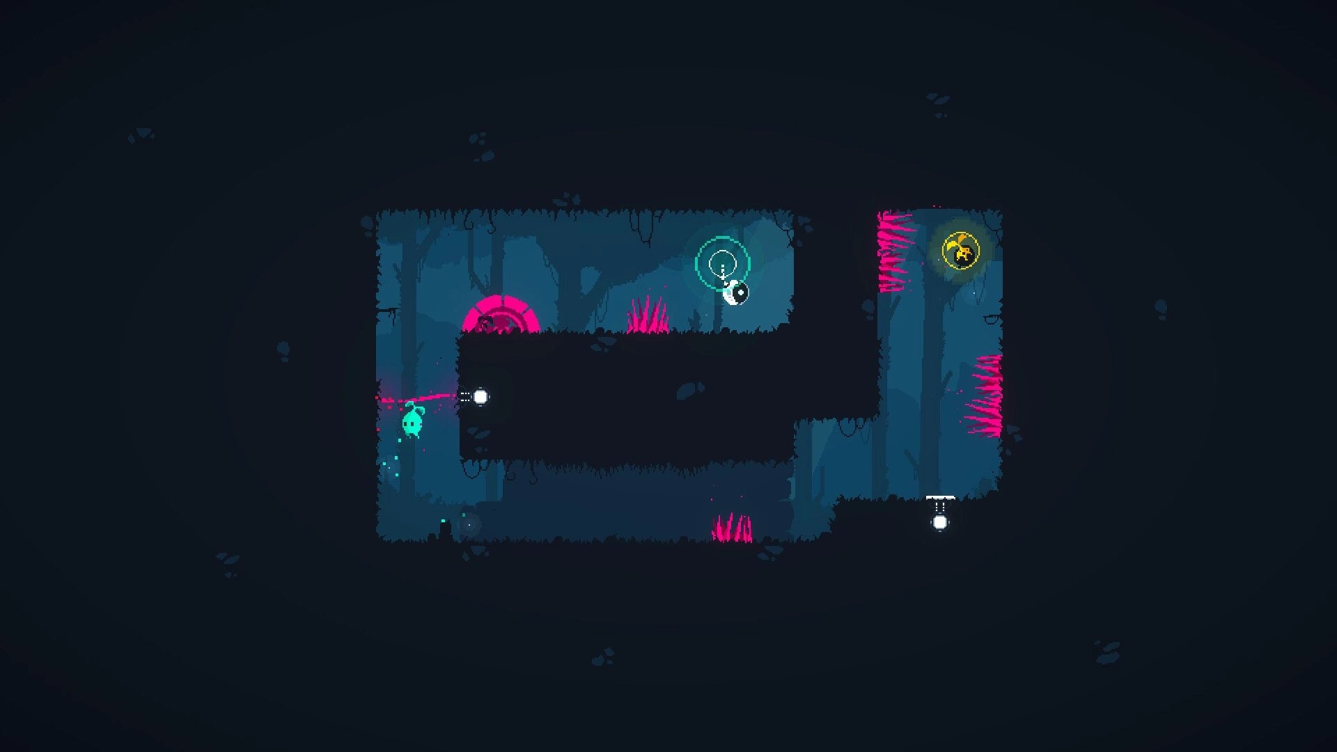 RESEED: Navigating dark platform maze with glowing orbs and pink spikes in a subterranean cavern