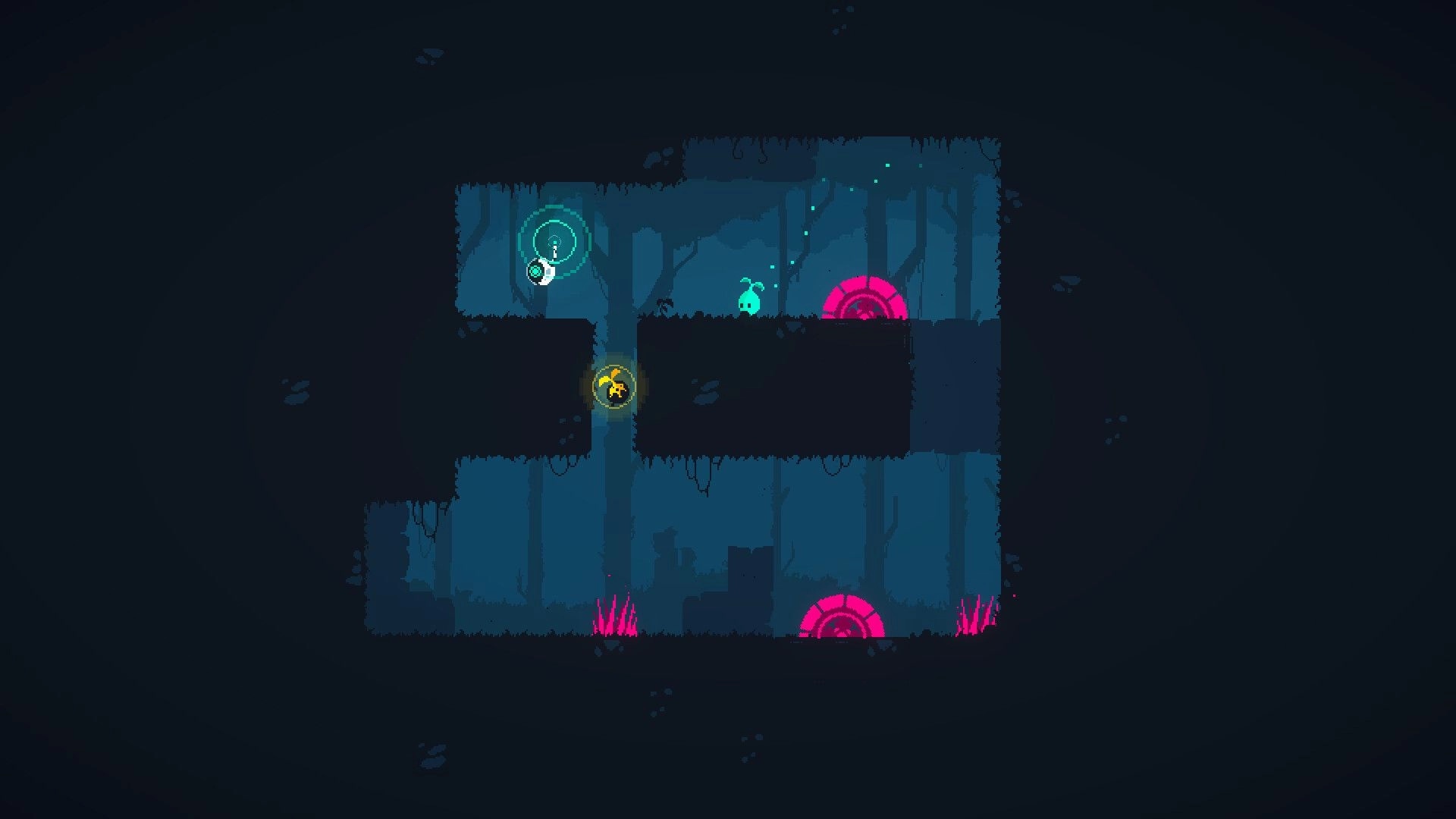 RESEED: Two glowing characters navigate a dark platform with neon obstacles in a forest environment